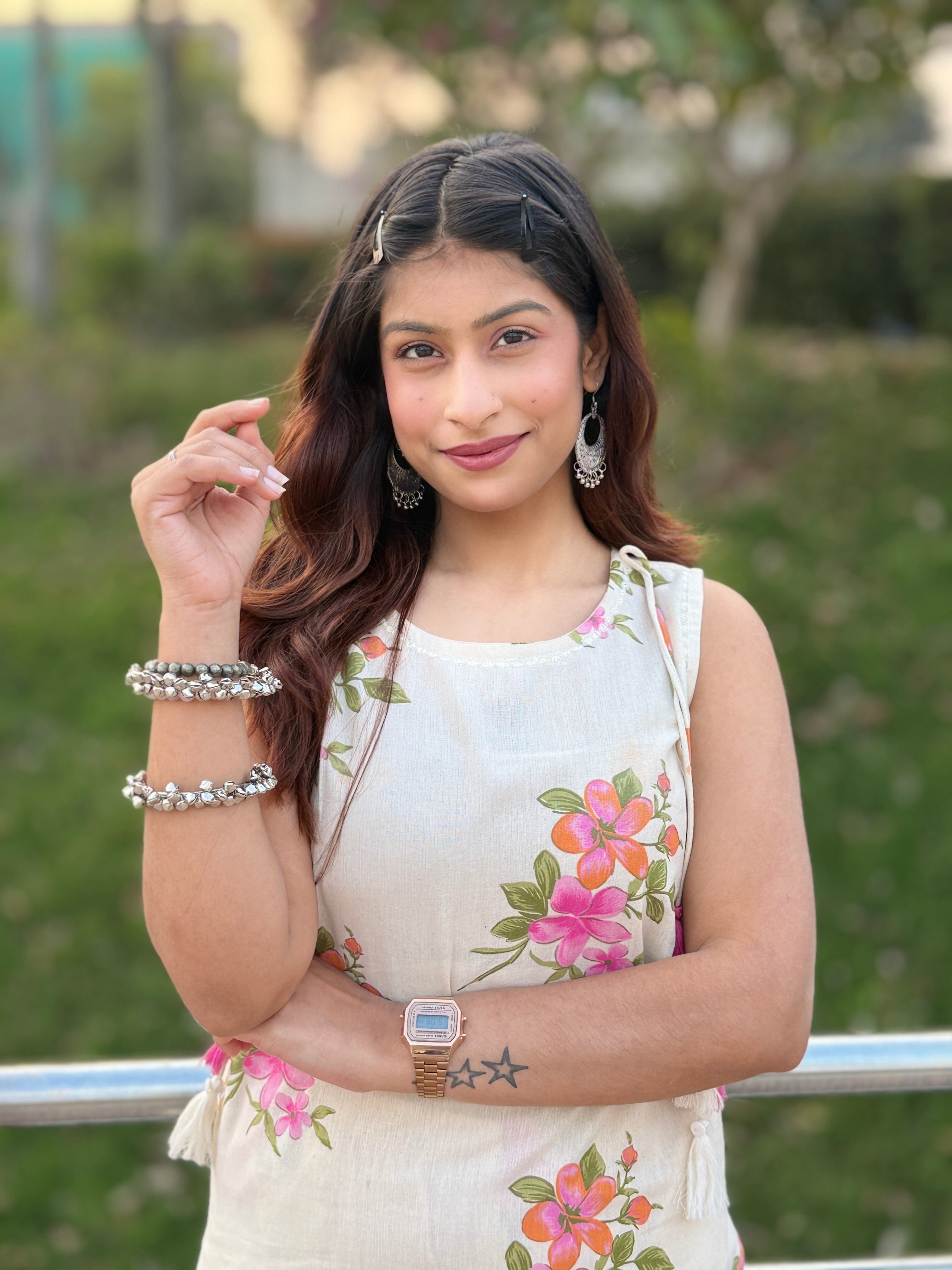 White Khadi Print Cotton Kurti Set