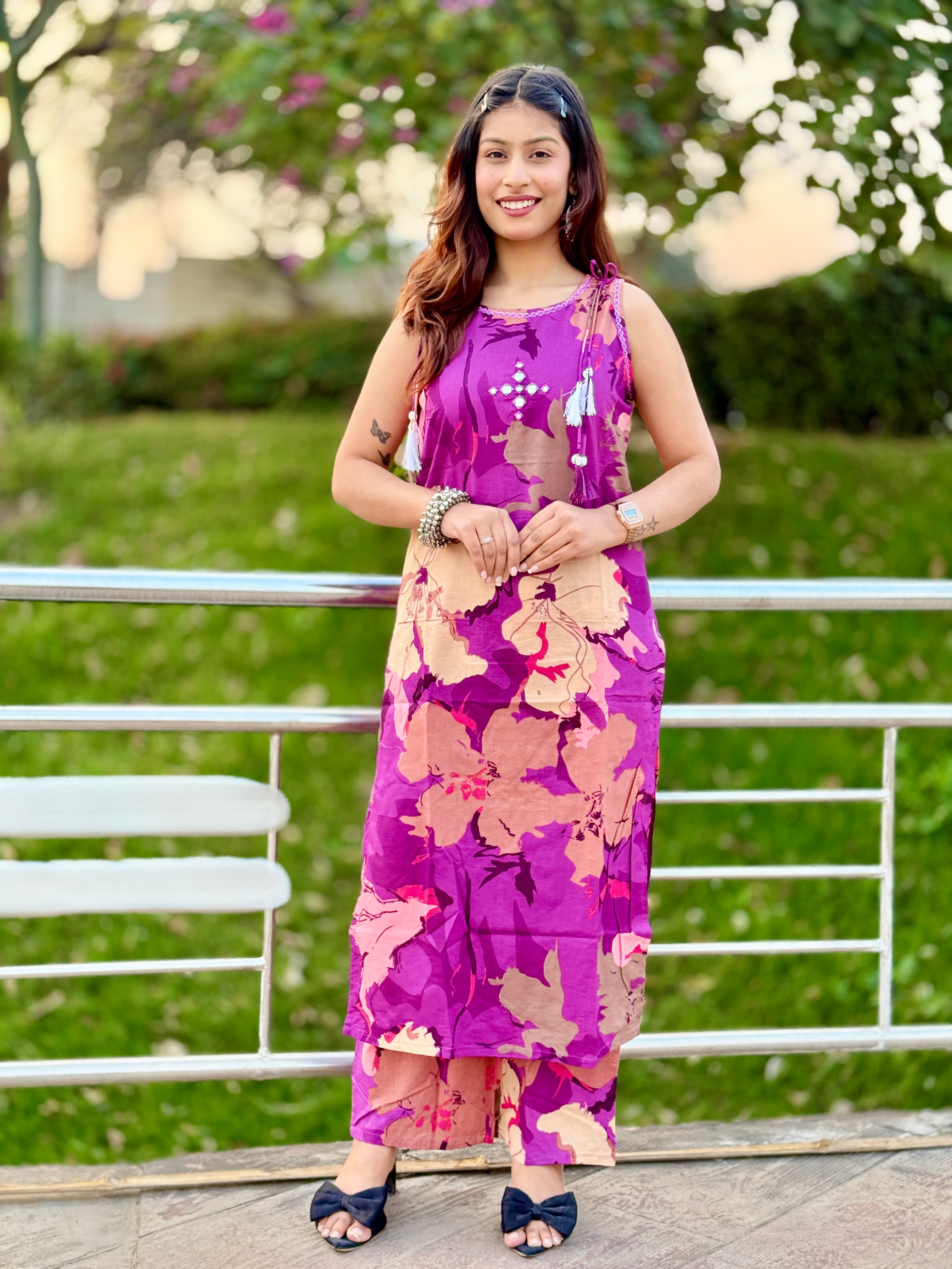 Purple Sleeveless Cotton Kurti Set