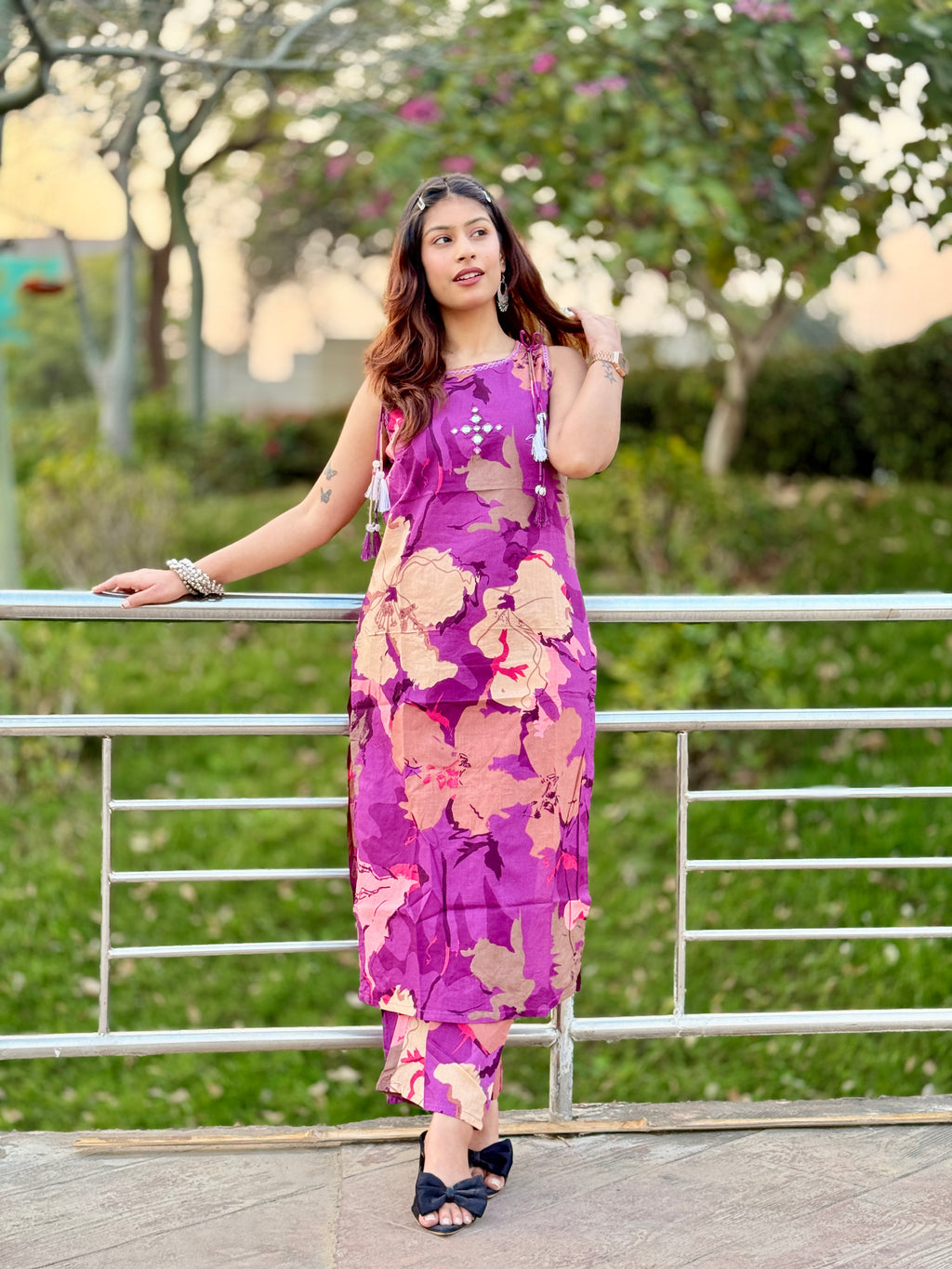 Purple Sleeveless Cotton Kurti Set