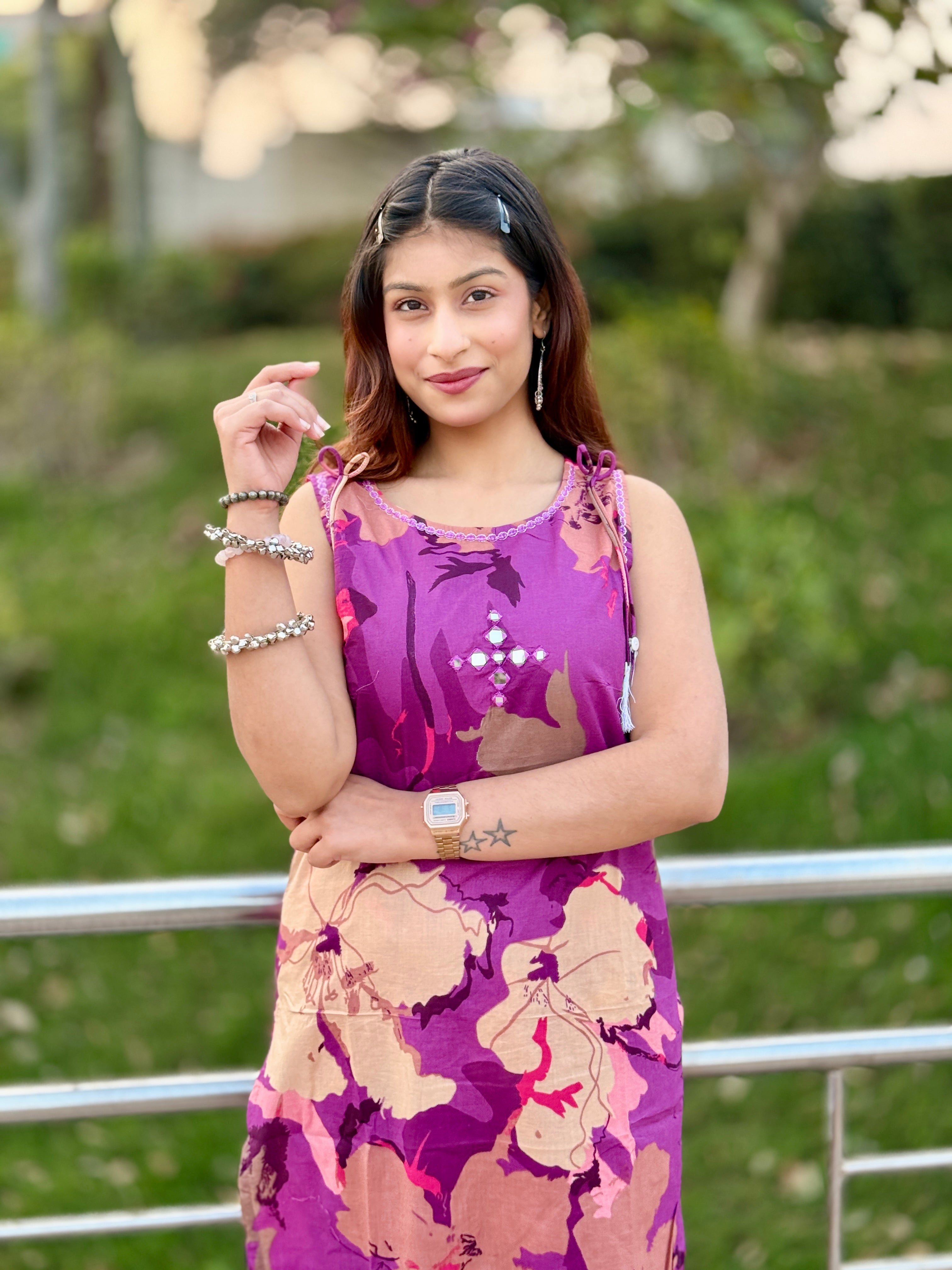 Purple Sleeveless Cotton Kurti Set