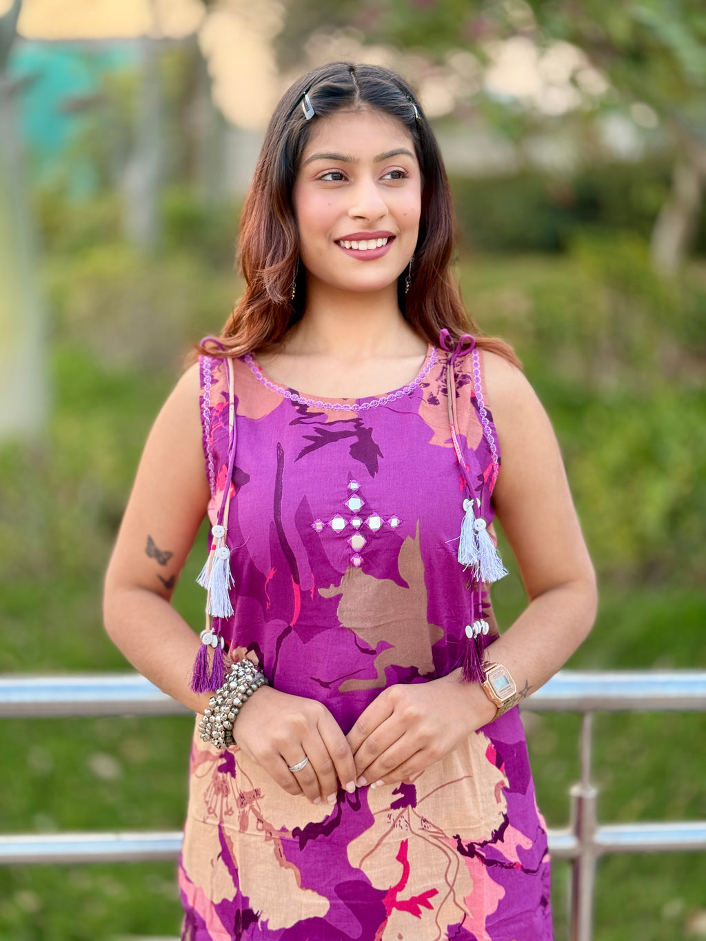 Purple Sleeveless Cotton Kurti Set