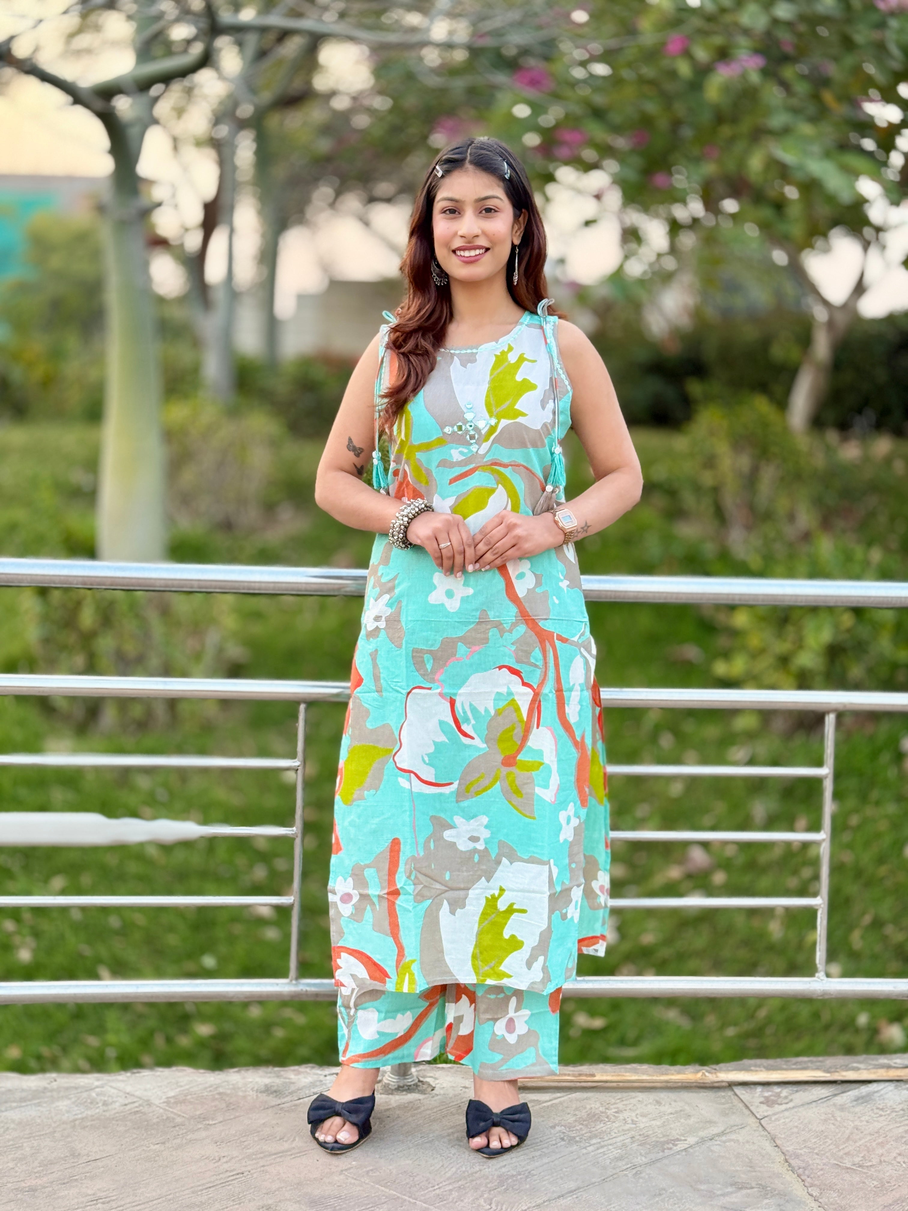 Sky Blue Sleeveless Cotton Kurti Set