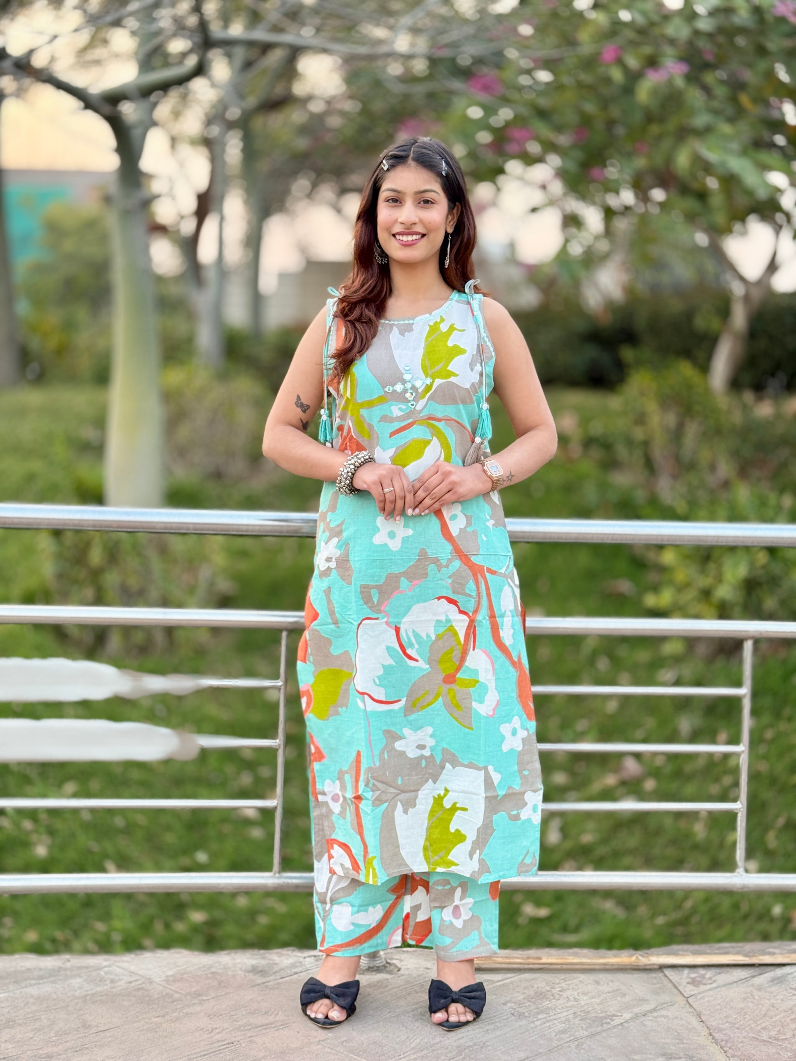 Sky Blue Sleeveless Cotton Kurti Set