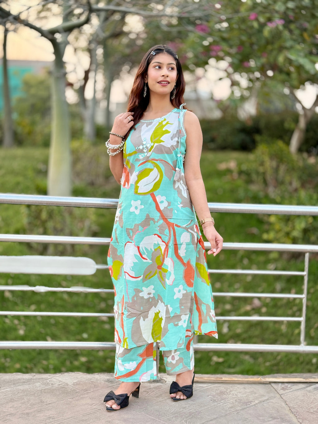 Sky Blue Sleeveless Cotton Kurti Set