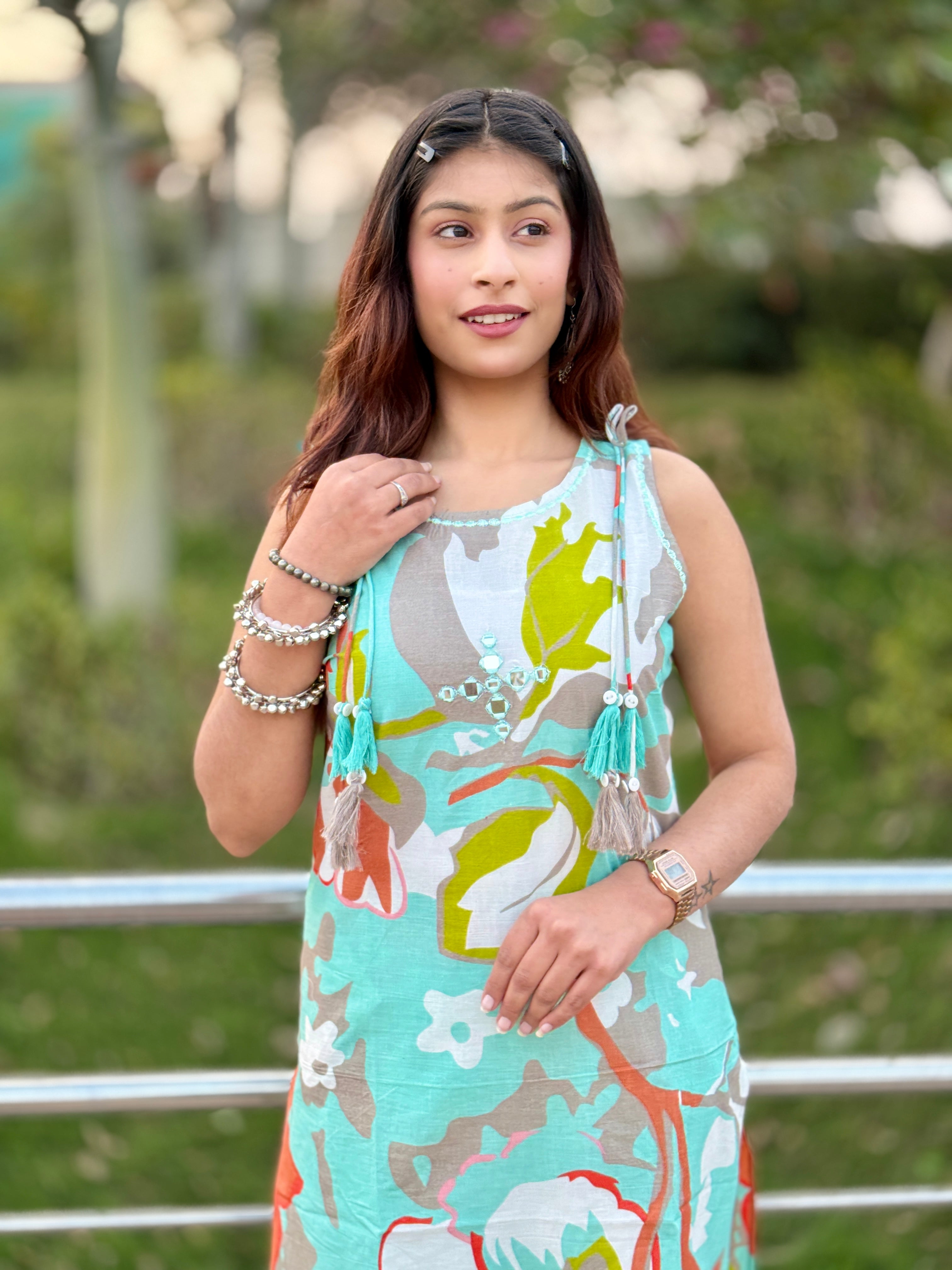 Sky Blue Sleeveless Cotton Kurti Set