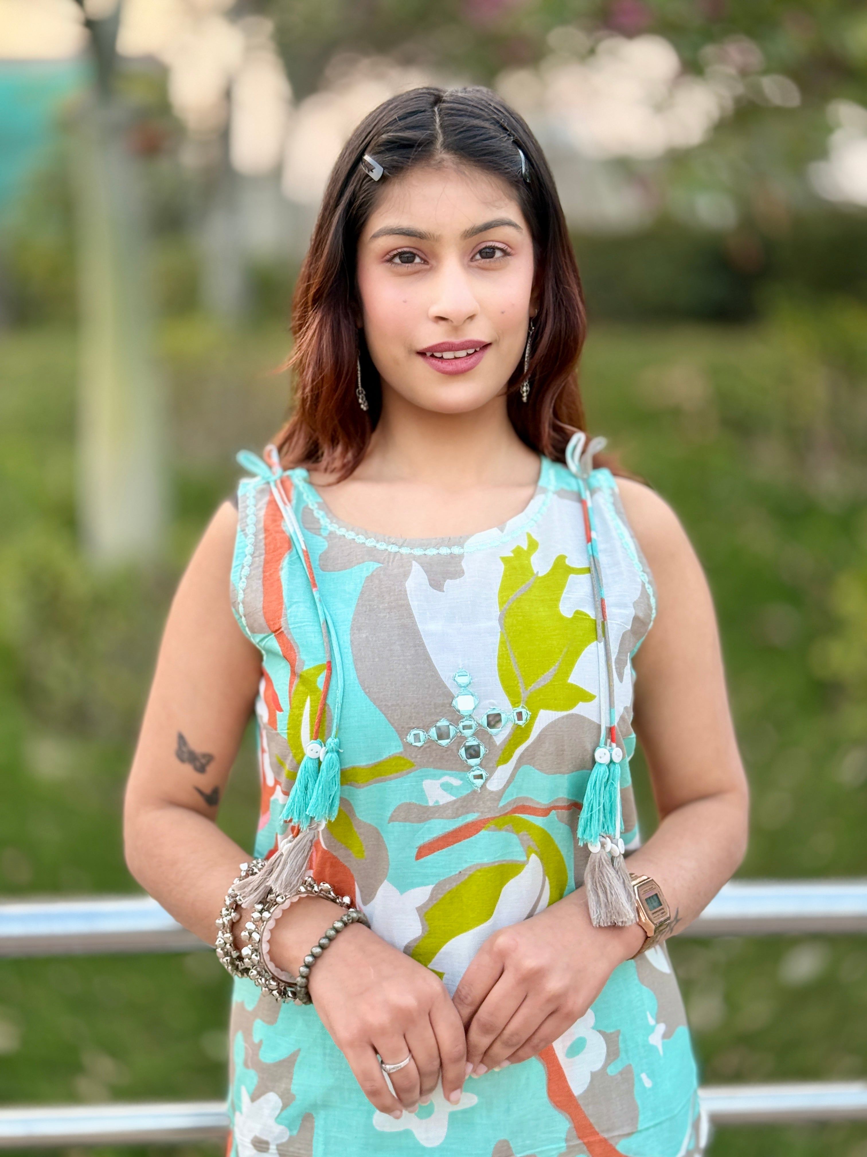 Sky Blue Sleeveless Cotton Kurti Set