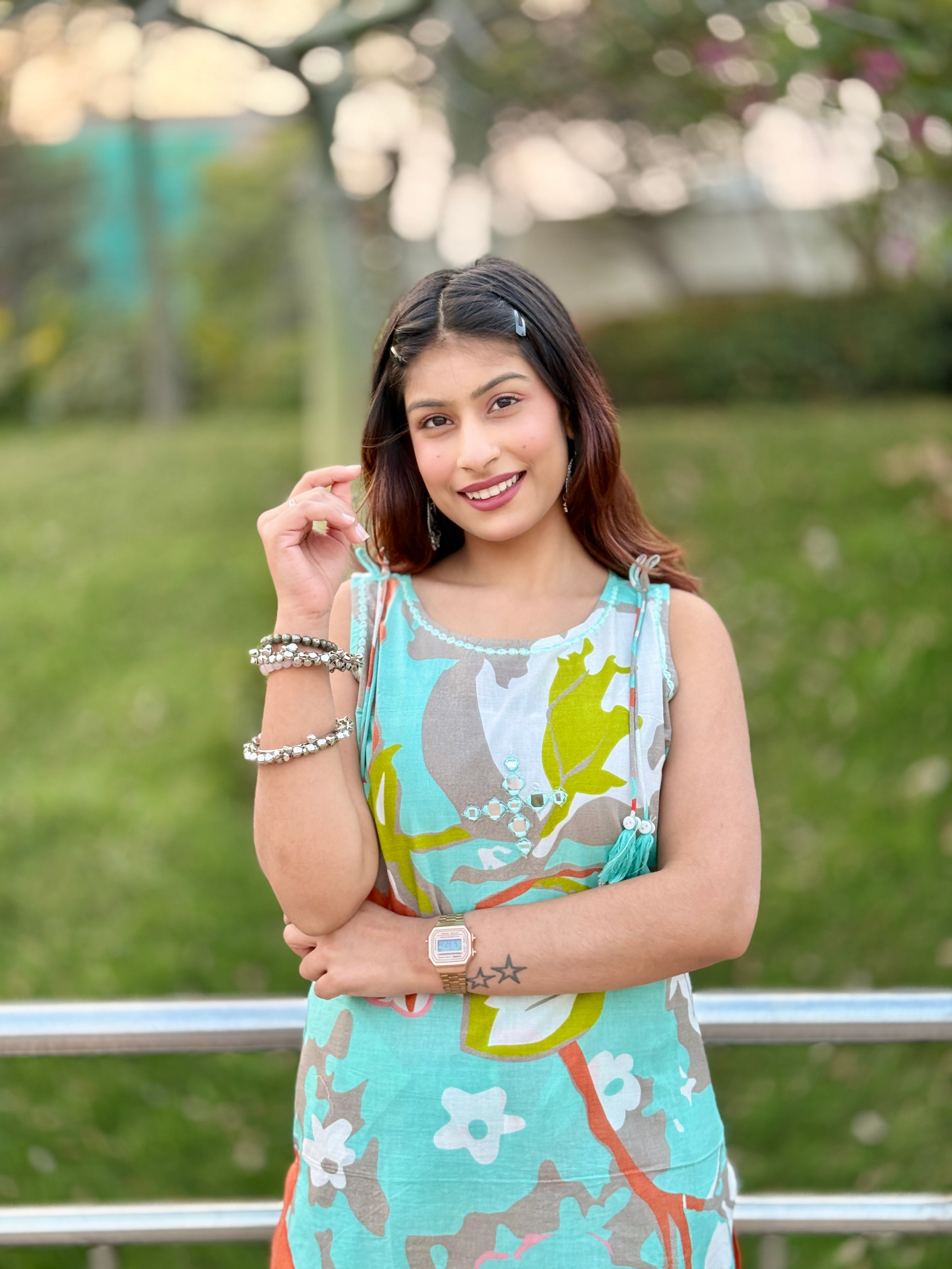 Sky Blue Sleeveless Cotton Kurti Set