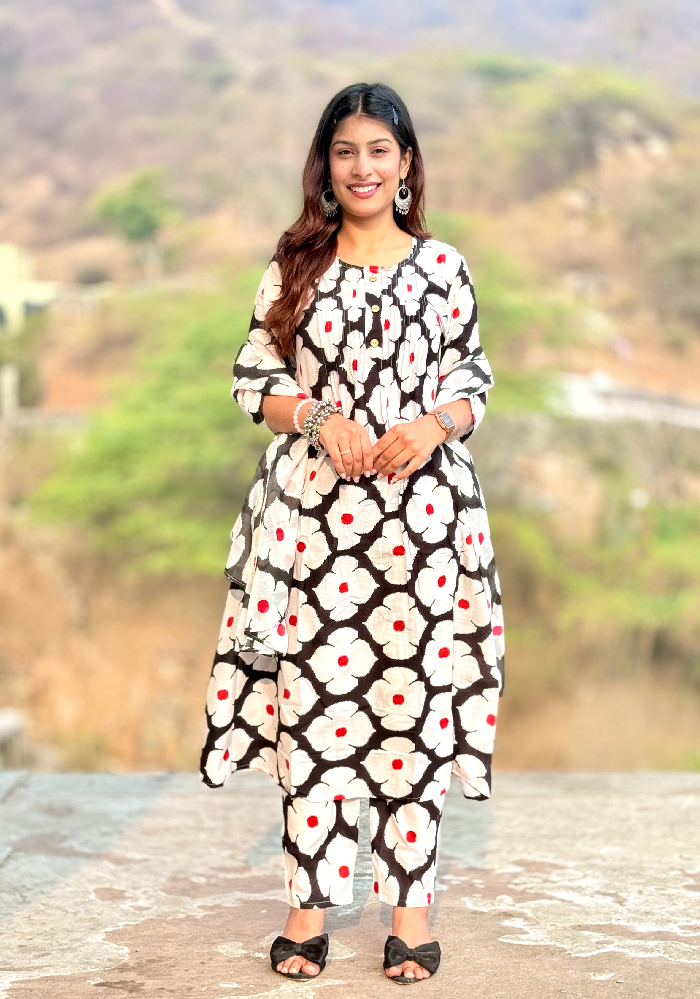 Black Block Print Cotton 3-Piece Suit