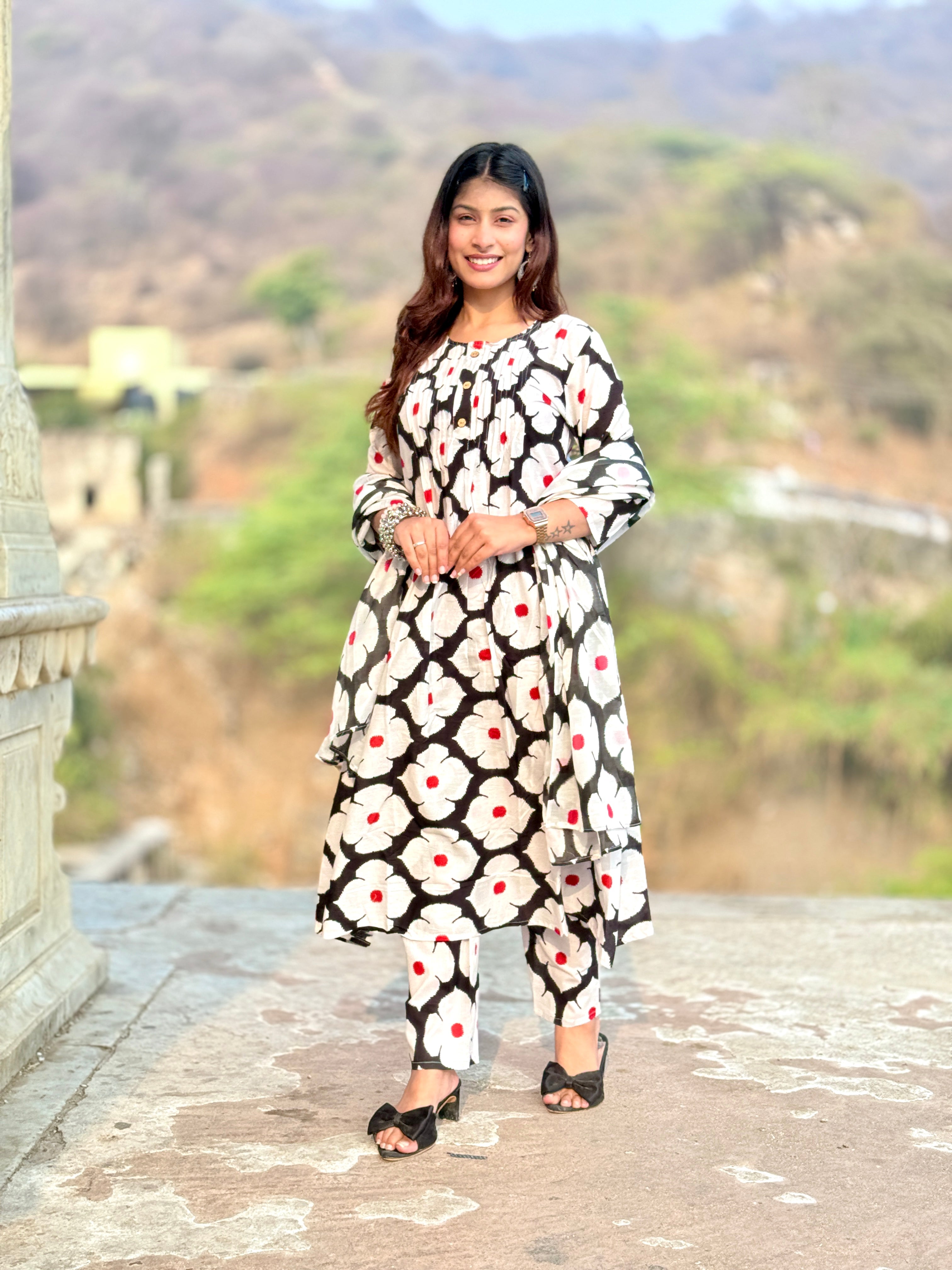 Black Block Print Cotton 3-Piece Suit