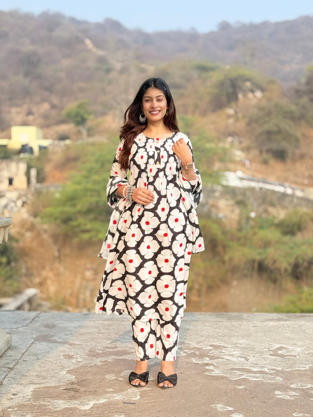 Black Block Print Cotton 3-Piece Suit
