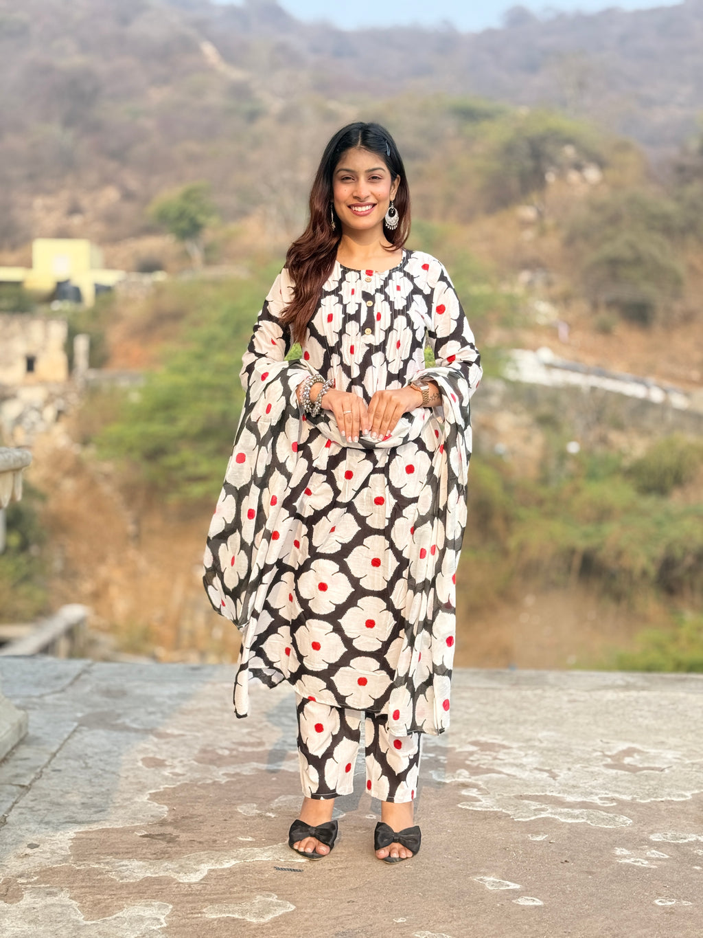Black Block Print Cotton 3-Piece Suit