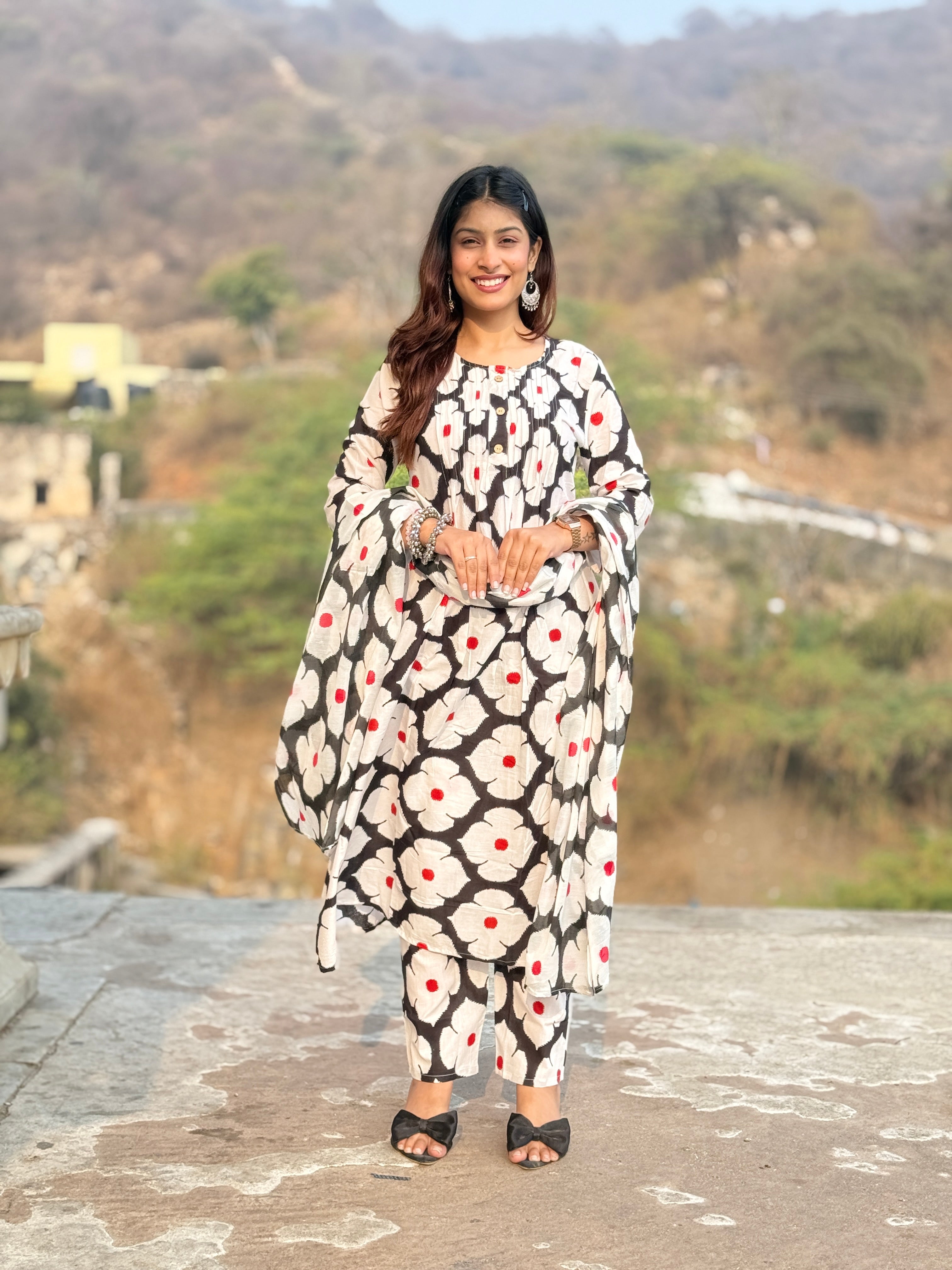 Black Block Print Cotton 3-Piece Suit