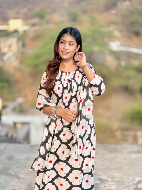 Black Block Print Cotton 3-Piece Suit