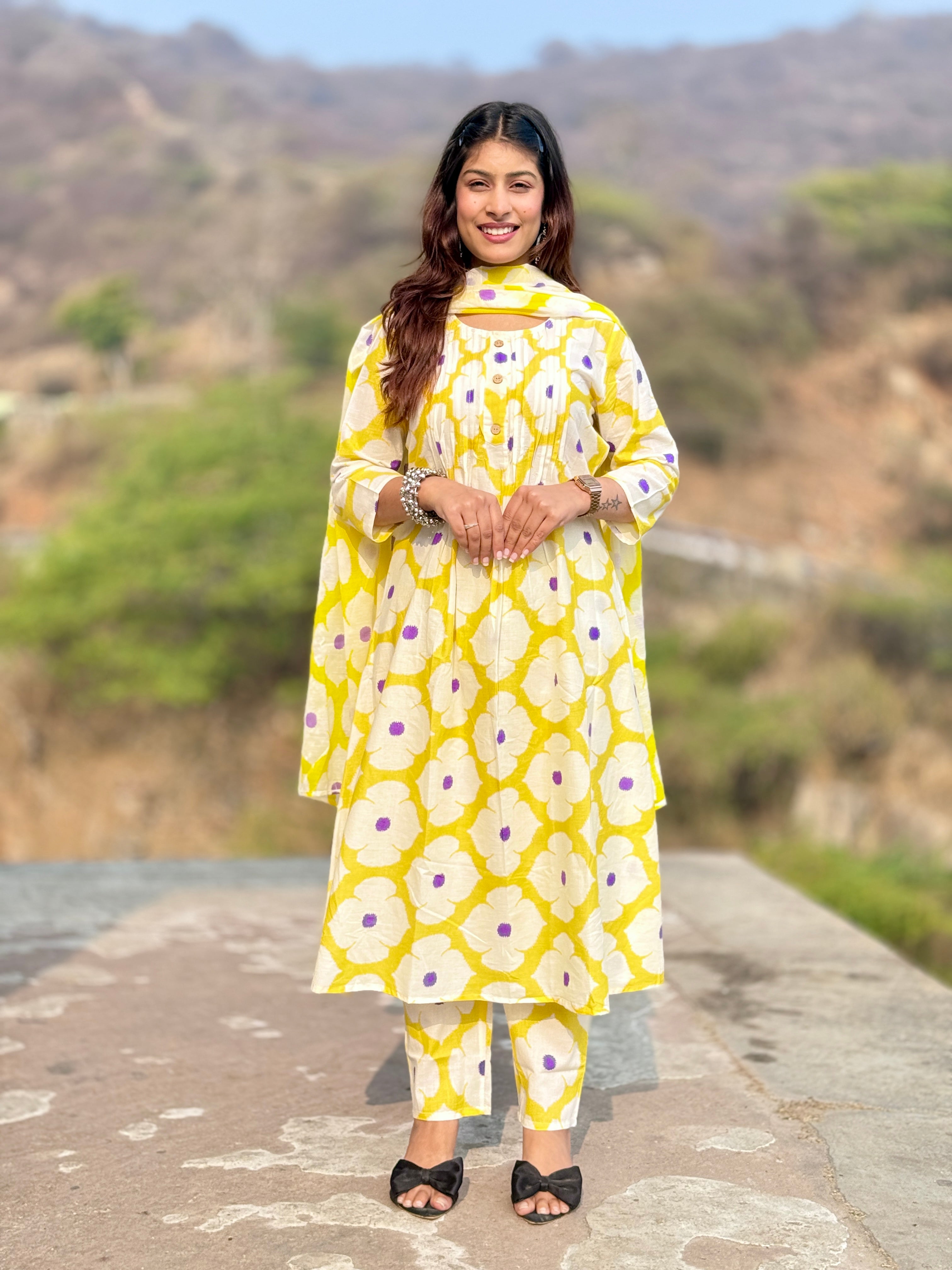 Yellow Block Print Cotton 3-Piece Suit