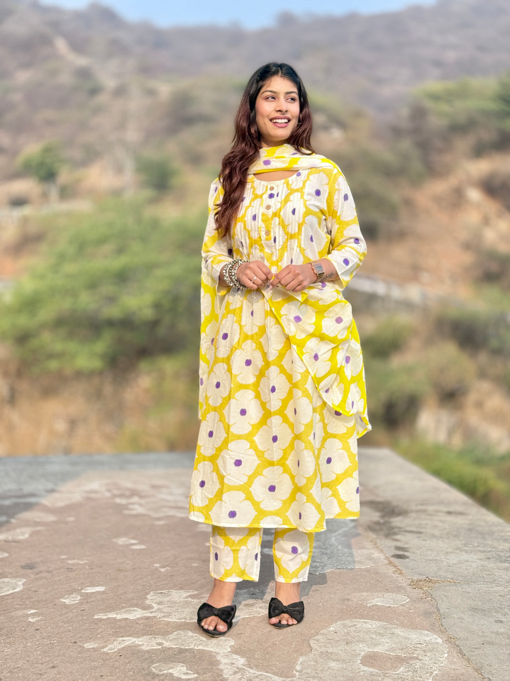 Yellow Block Print Cotton 3-Piece Suit