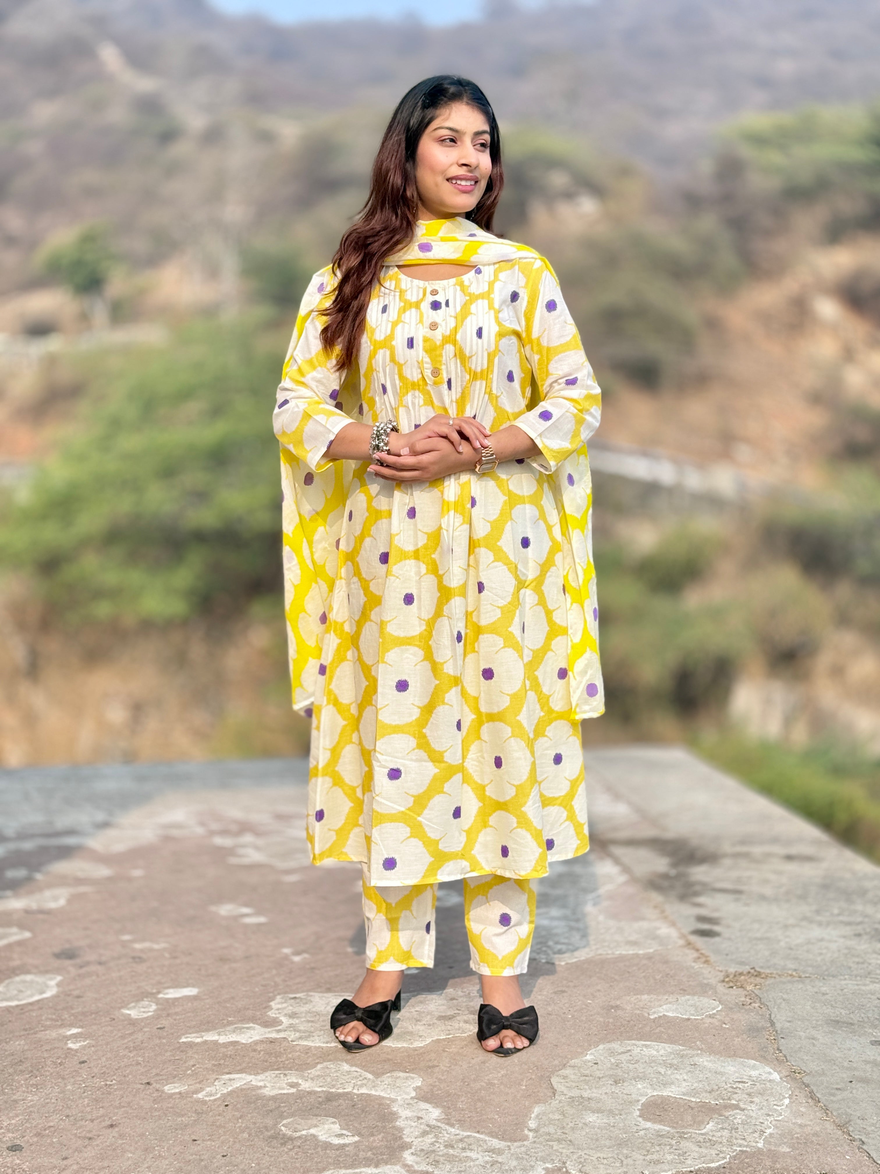 Yellow Block Print Cotton 3-Piece Suit