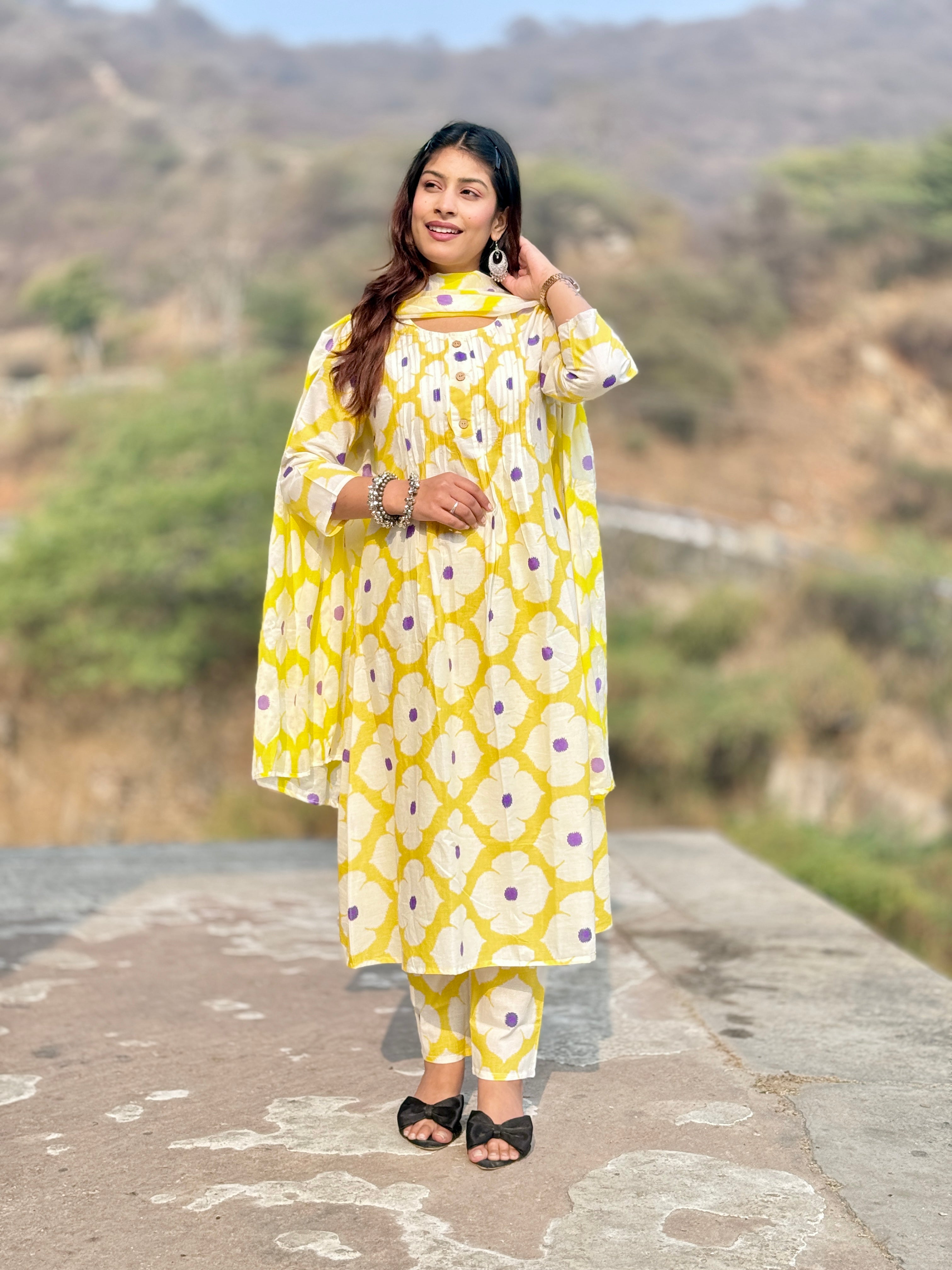 Yellow Block Print Cotton 3-Piece Suit