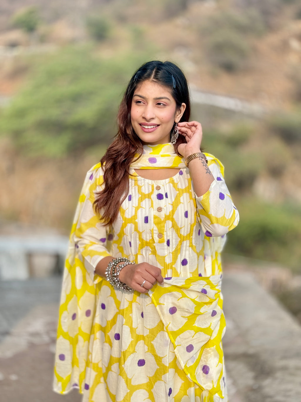 Yellow Block Print Cotton 3-Piece Suit