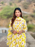 Yellow Block Print Cotton 3-Piece Suit