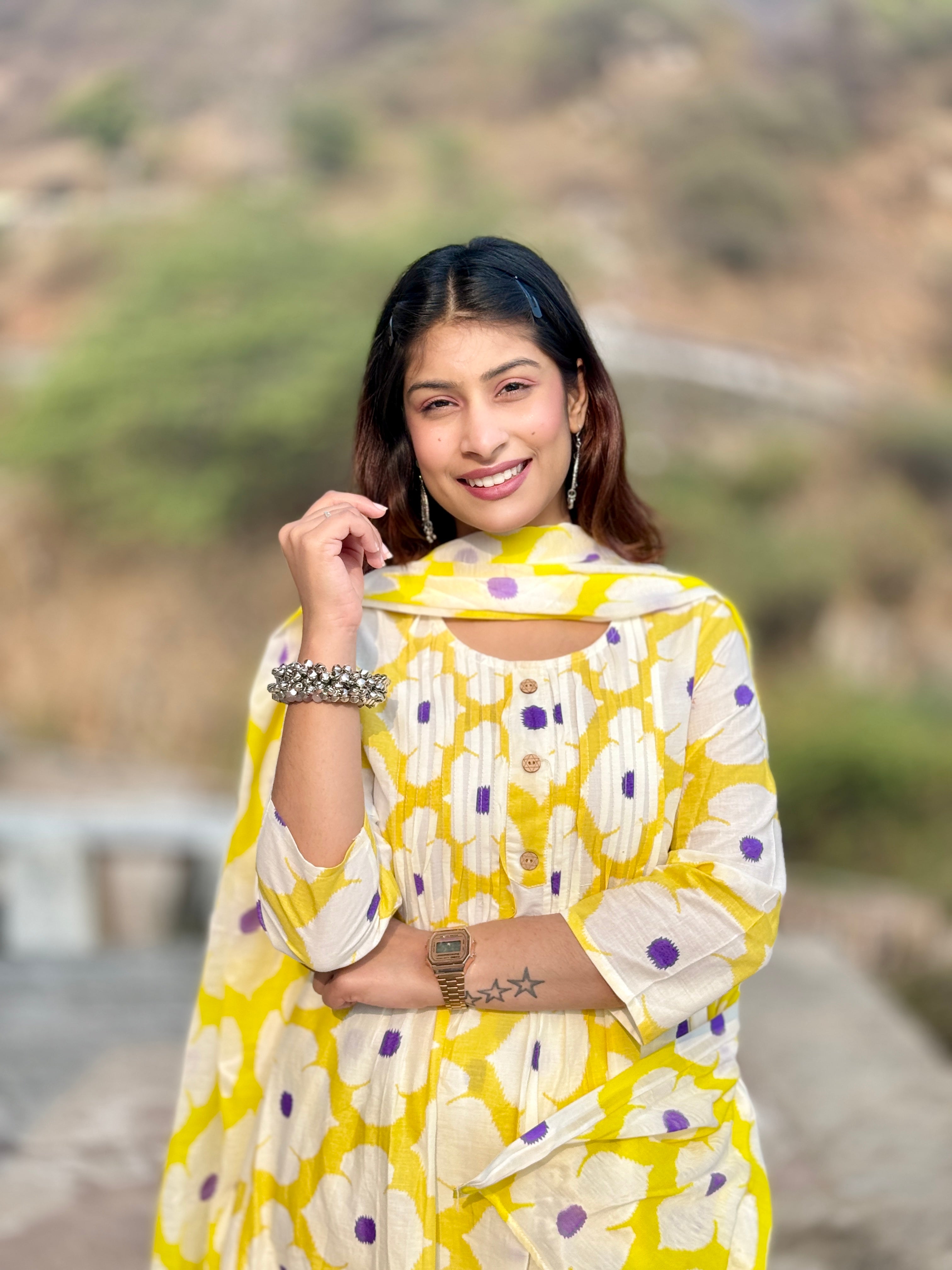 Yellow Block Print Cotton 3-Piece Suit