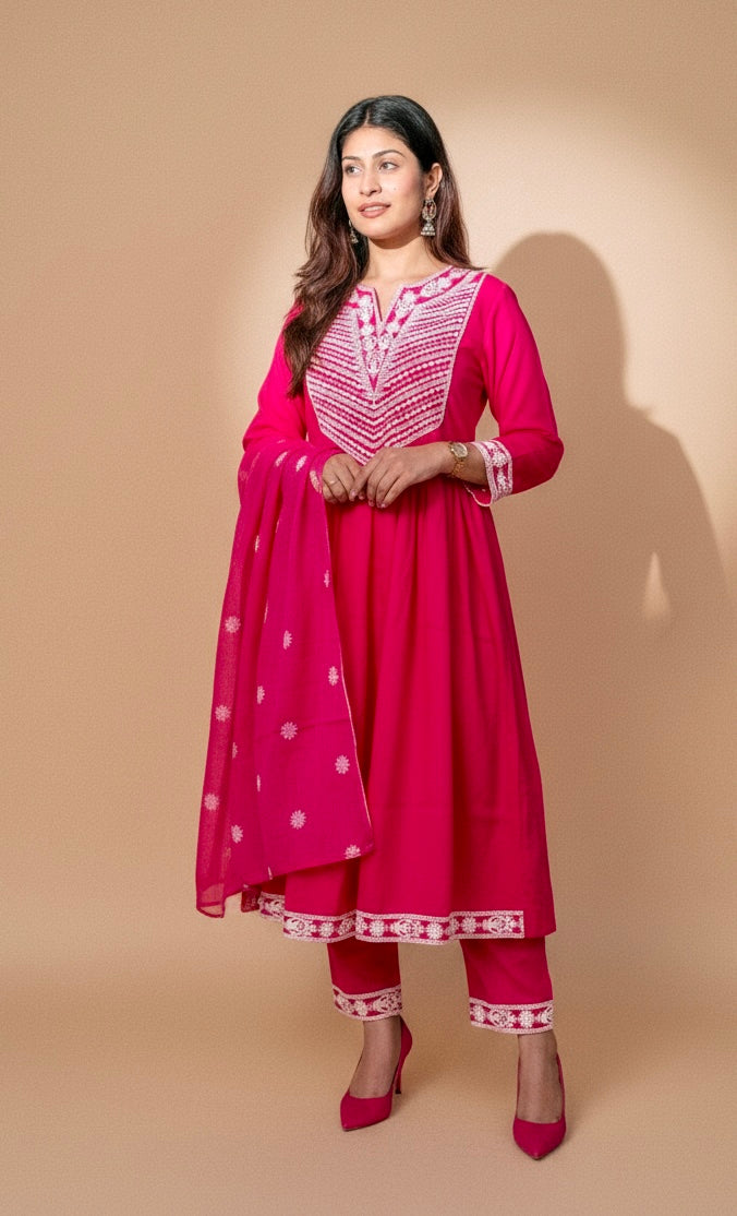 Rani Pink V-Neck Cotton 3-Piece Suit