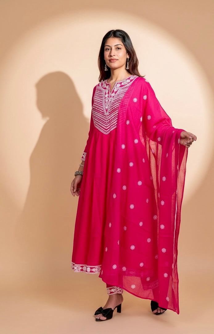 Rani Pink V-Neck Cotton 3-Piece Suit