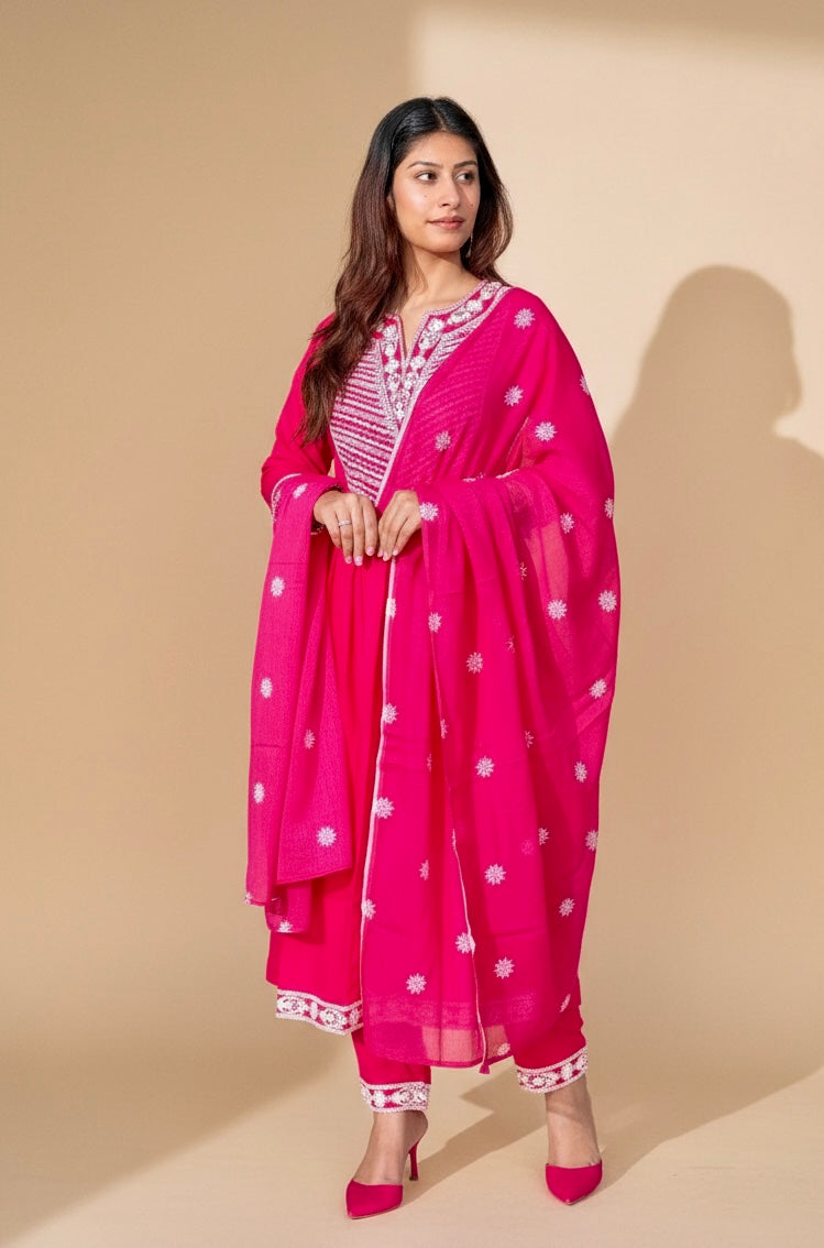Rani Pink V-Neck Cotton 3-Piece Suit