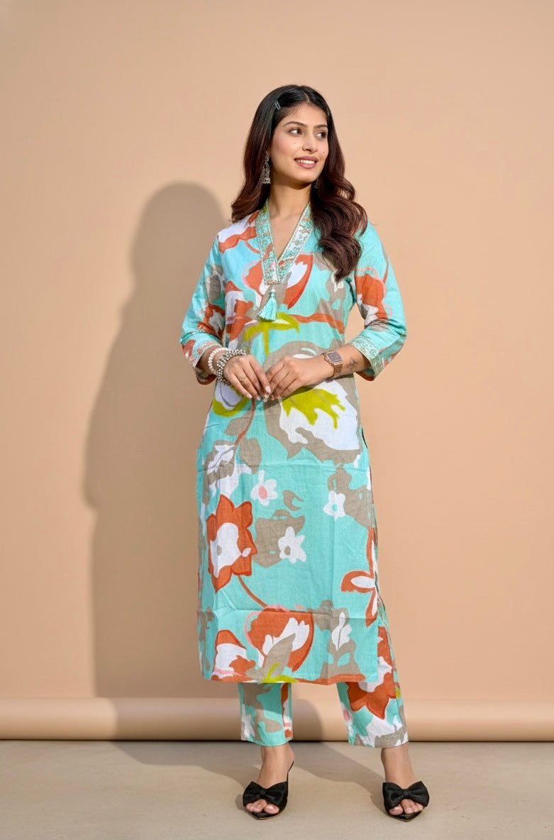 Sky Blue Cotton Kurti Pant Set