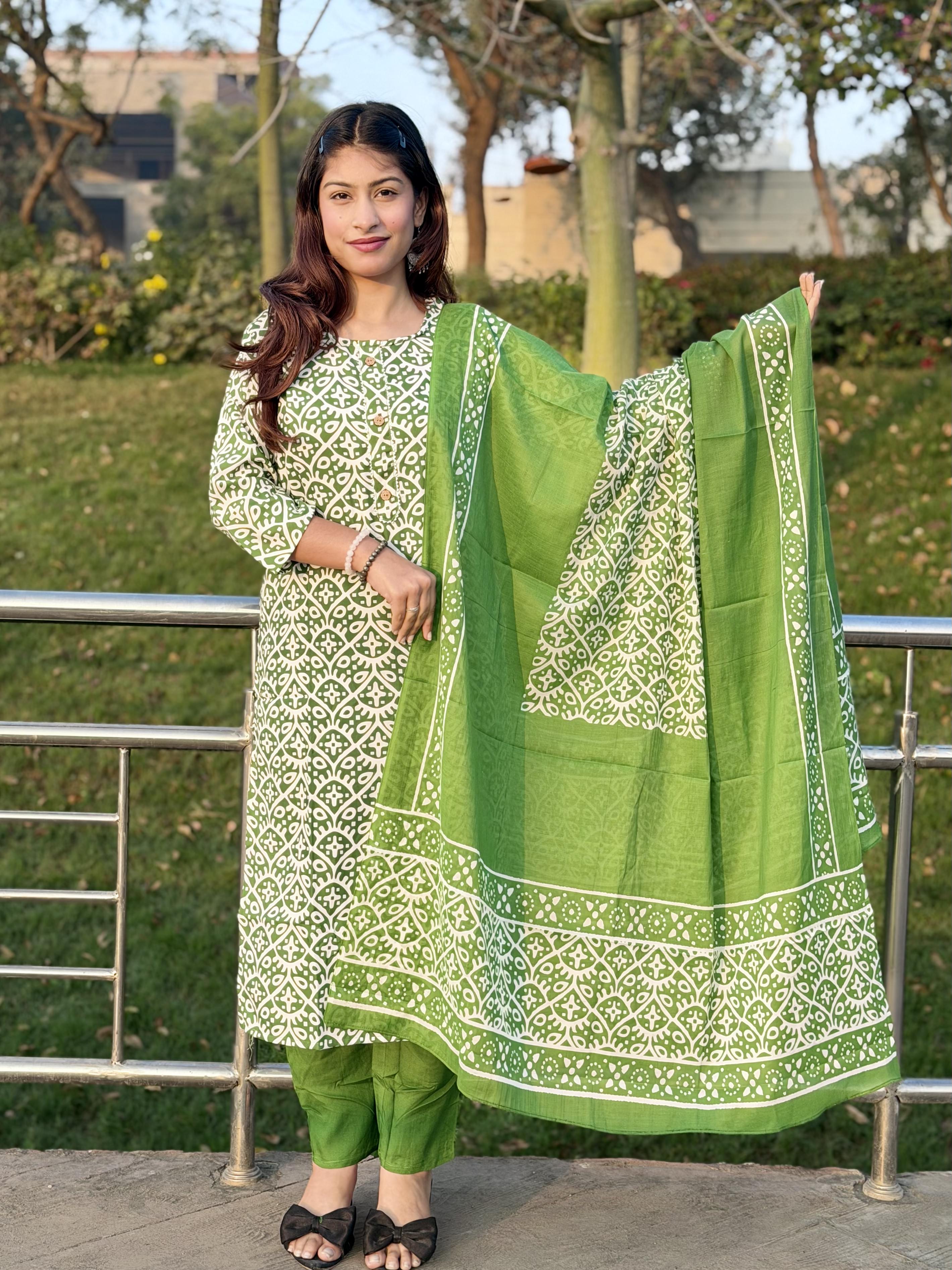 Green Printed Cotton 3-Piece Suit
