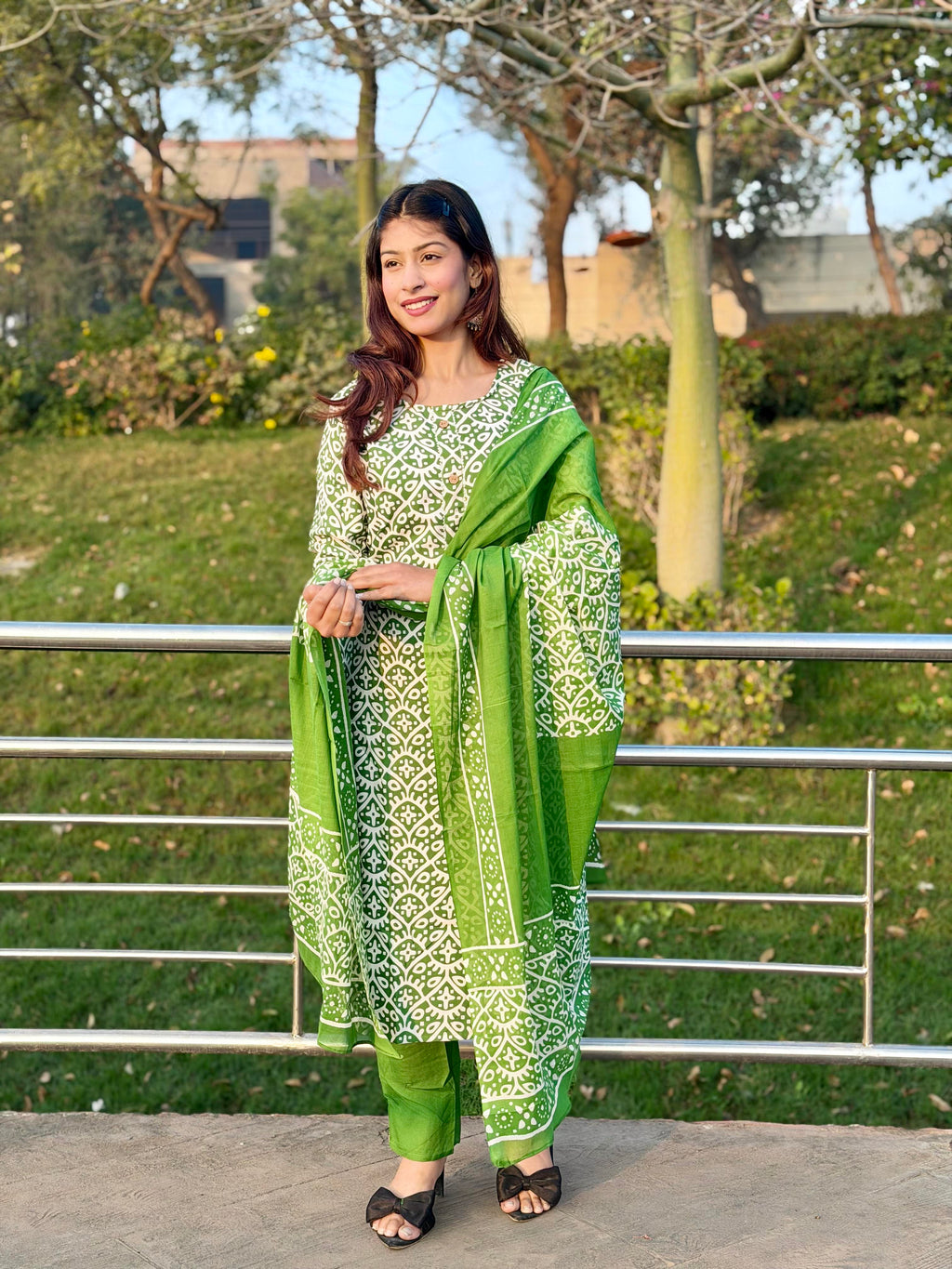 Green Printed Cotton 3-Piece Suit
