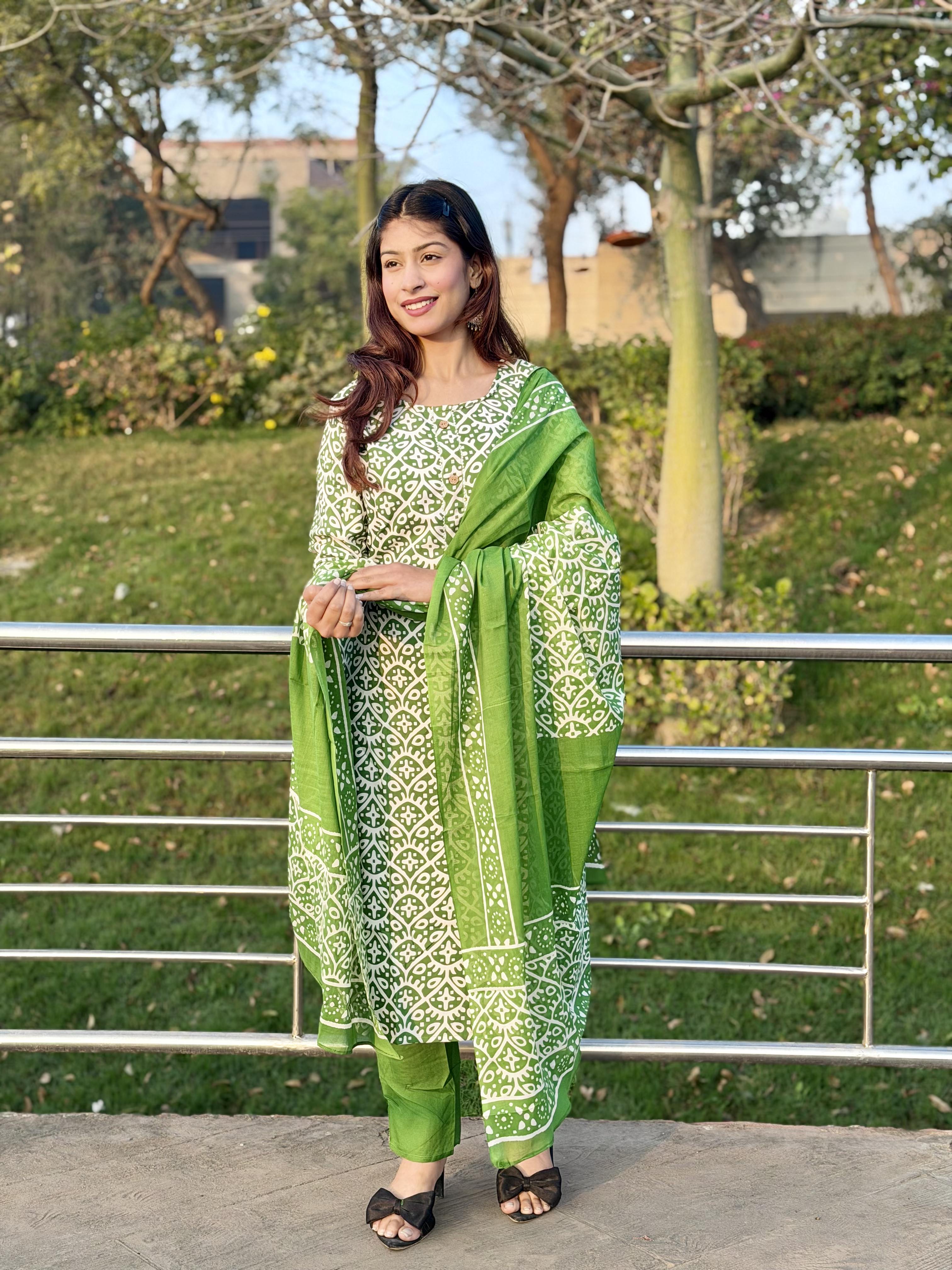 Green Printed Cotton 3-Piece Suit