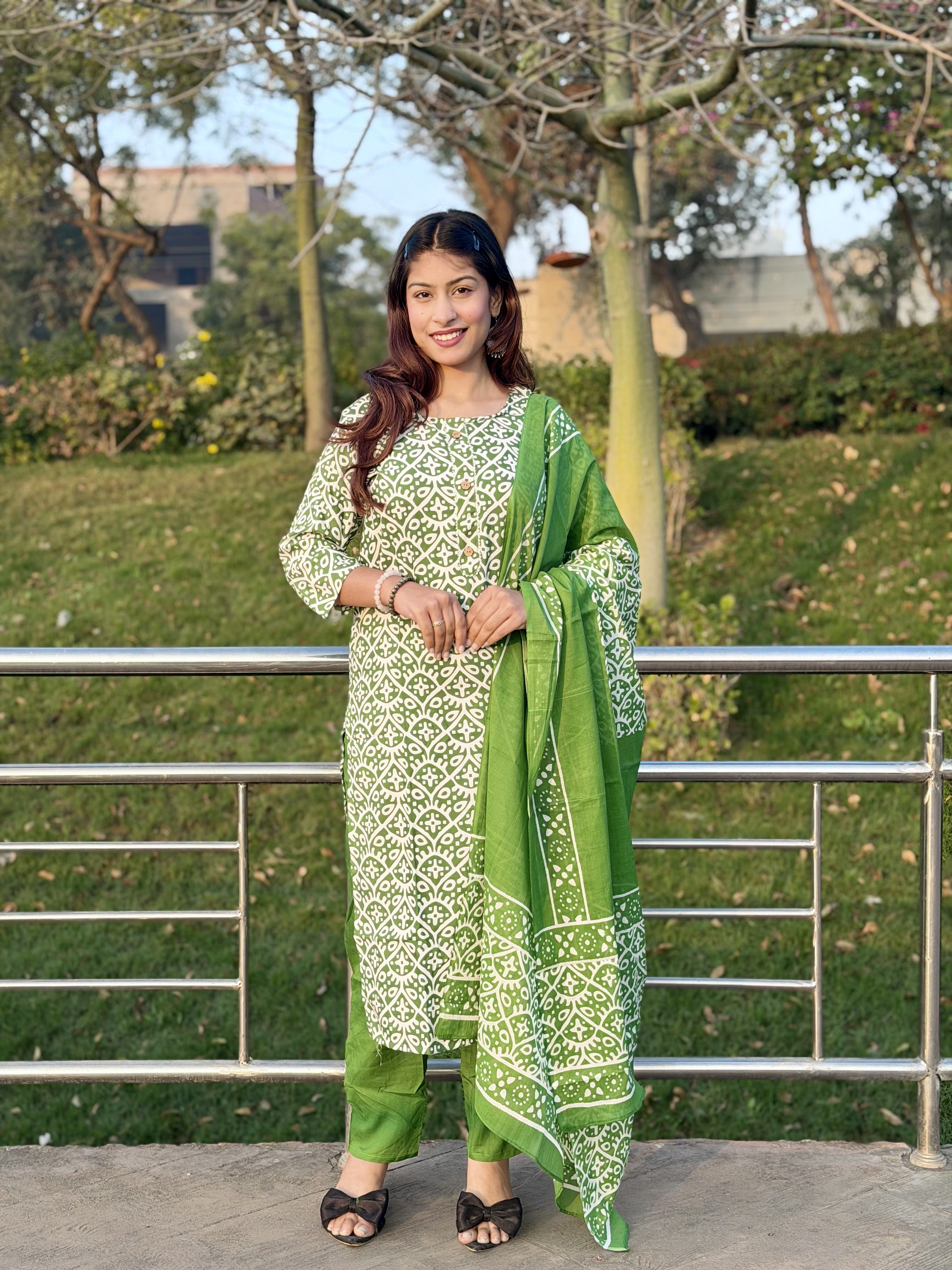 Green Printed Cotton 3-Piece Suit