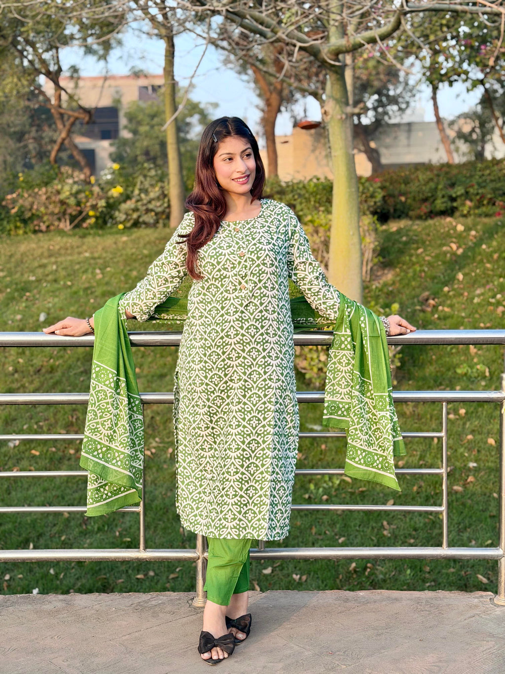 Green Printed Cotton 3-Piece Suit