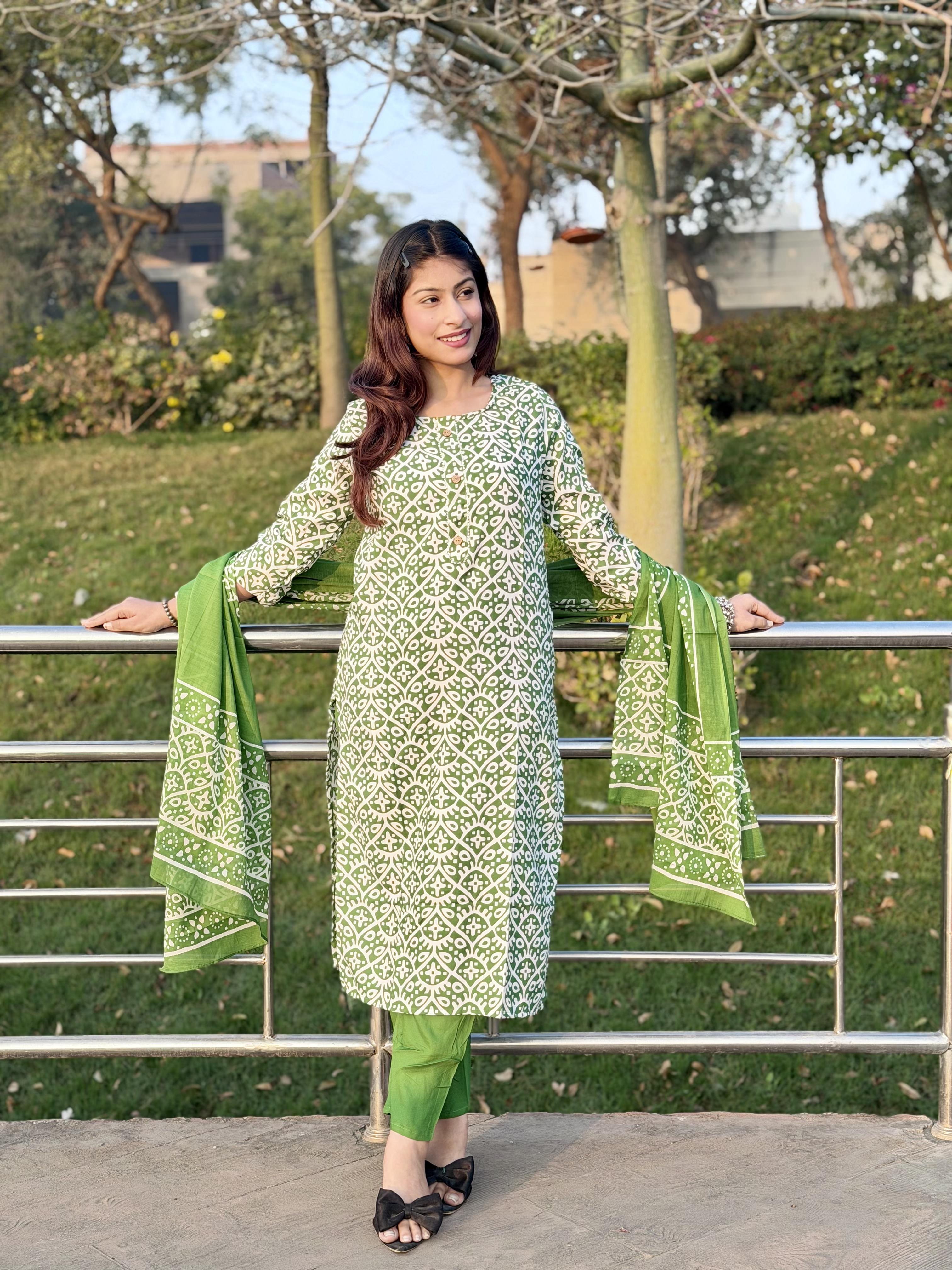 Green Printed Cotton 3-Piece Suit