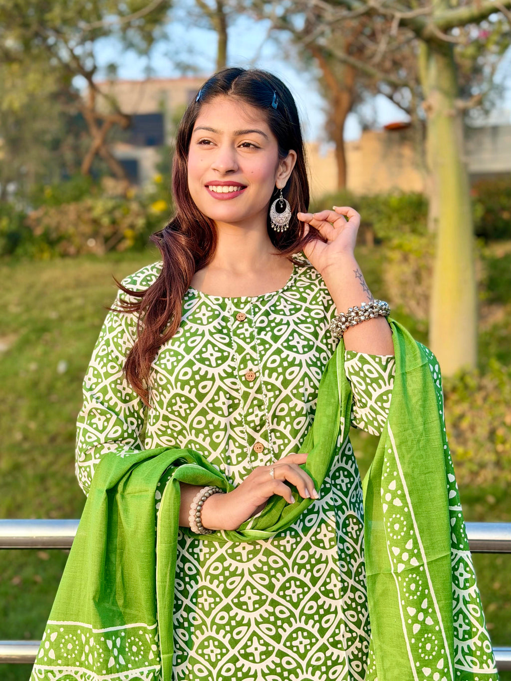 Green Printed Cotton 3-Piece Suit