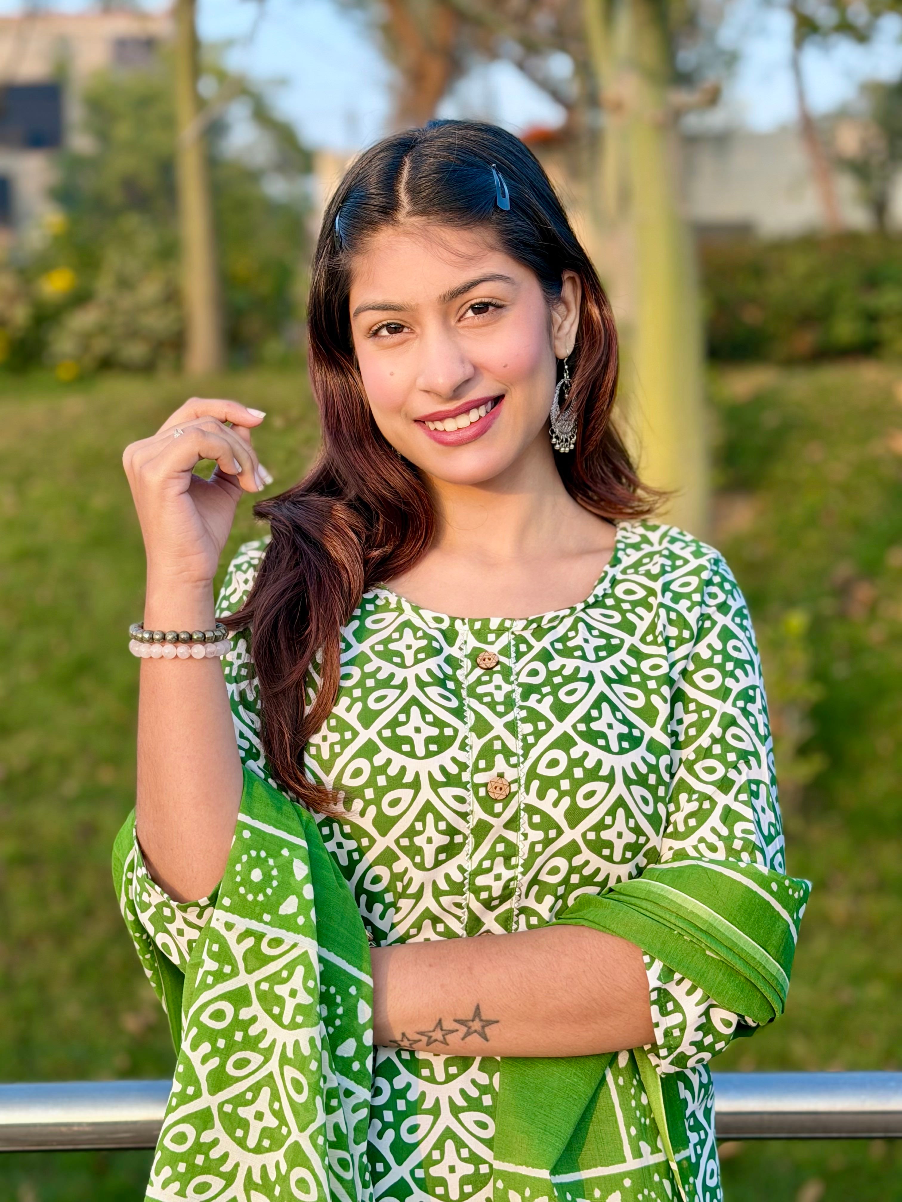 Green Printed Cotton 3-Piece Suit