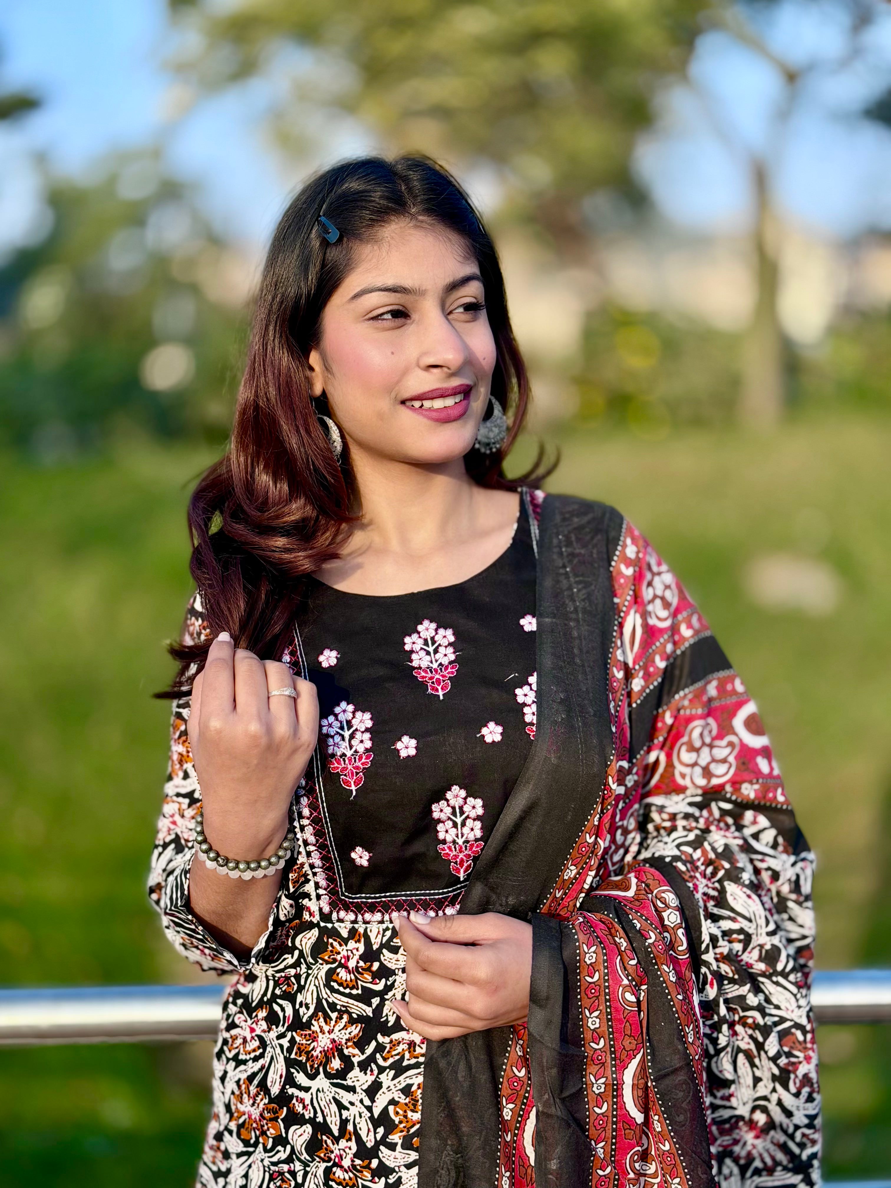 Black Floral Cotton 3-Piece Suit