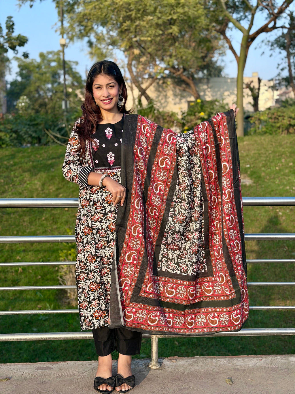 Black Floral Cotton 3-Piece Suit