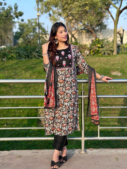 Black Floral Cotton 3-Piece Suit