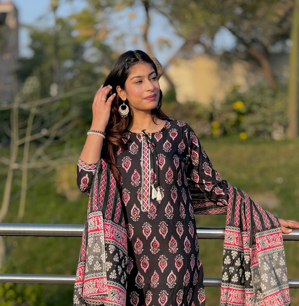 Black Ethnic Floral Cotton 3-Piece Suit