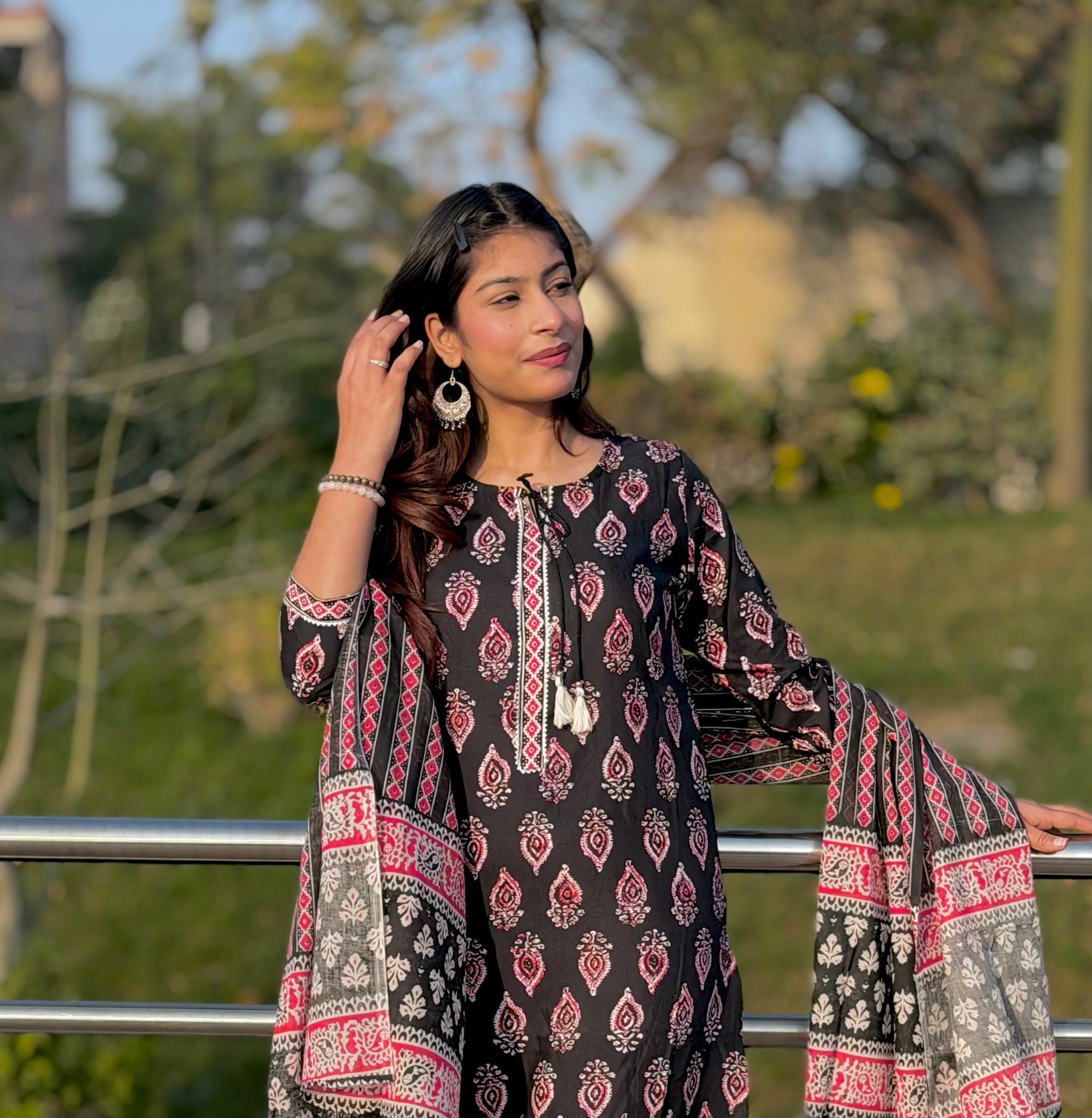 Black Ethnic Floral Cotton 3-Piece Suit