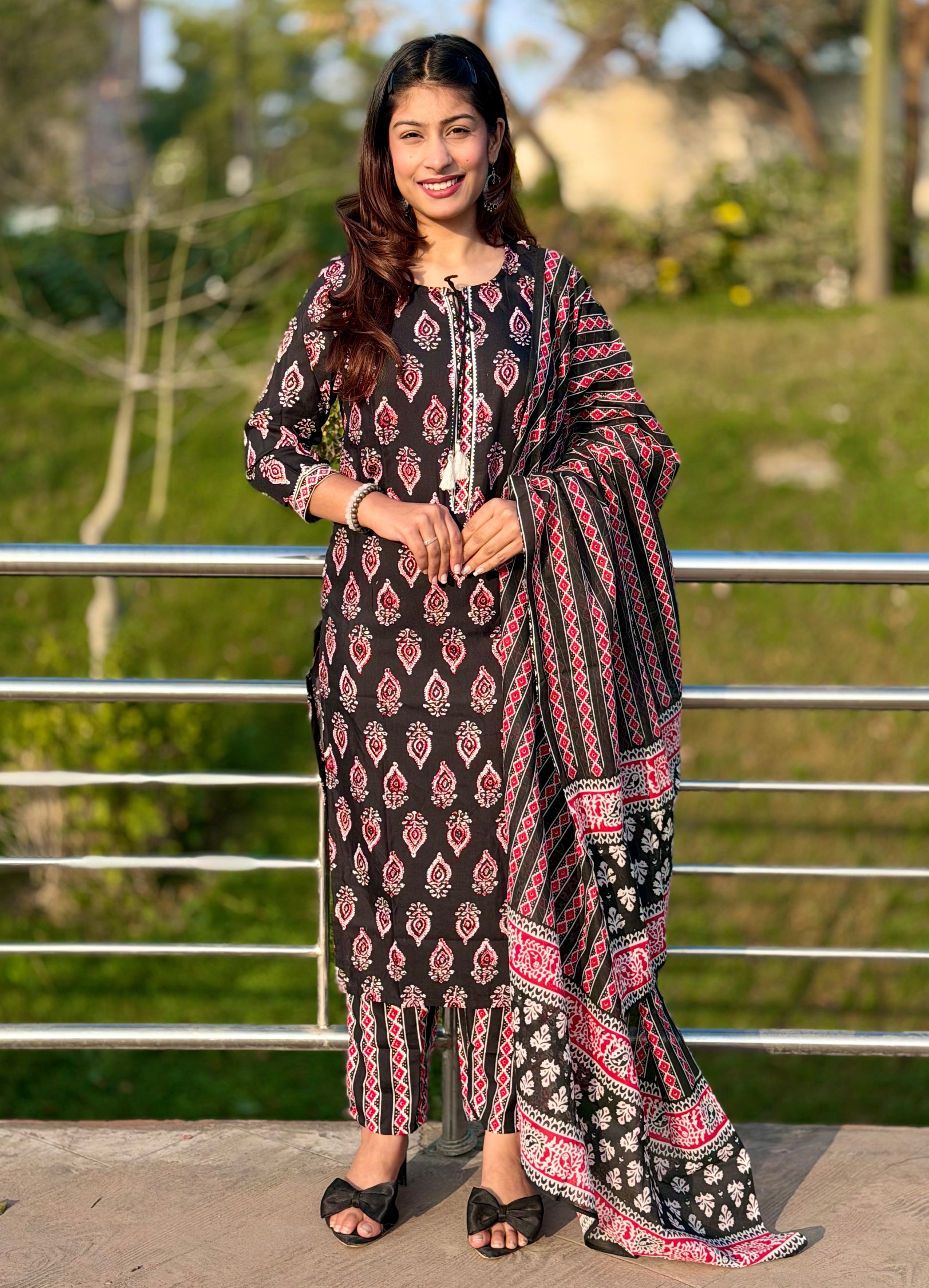 Black Ethnic Floral Cotton 3-Piece Suit