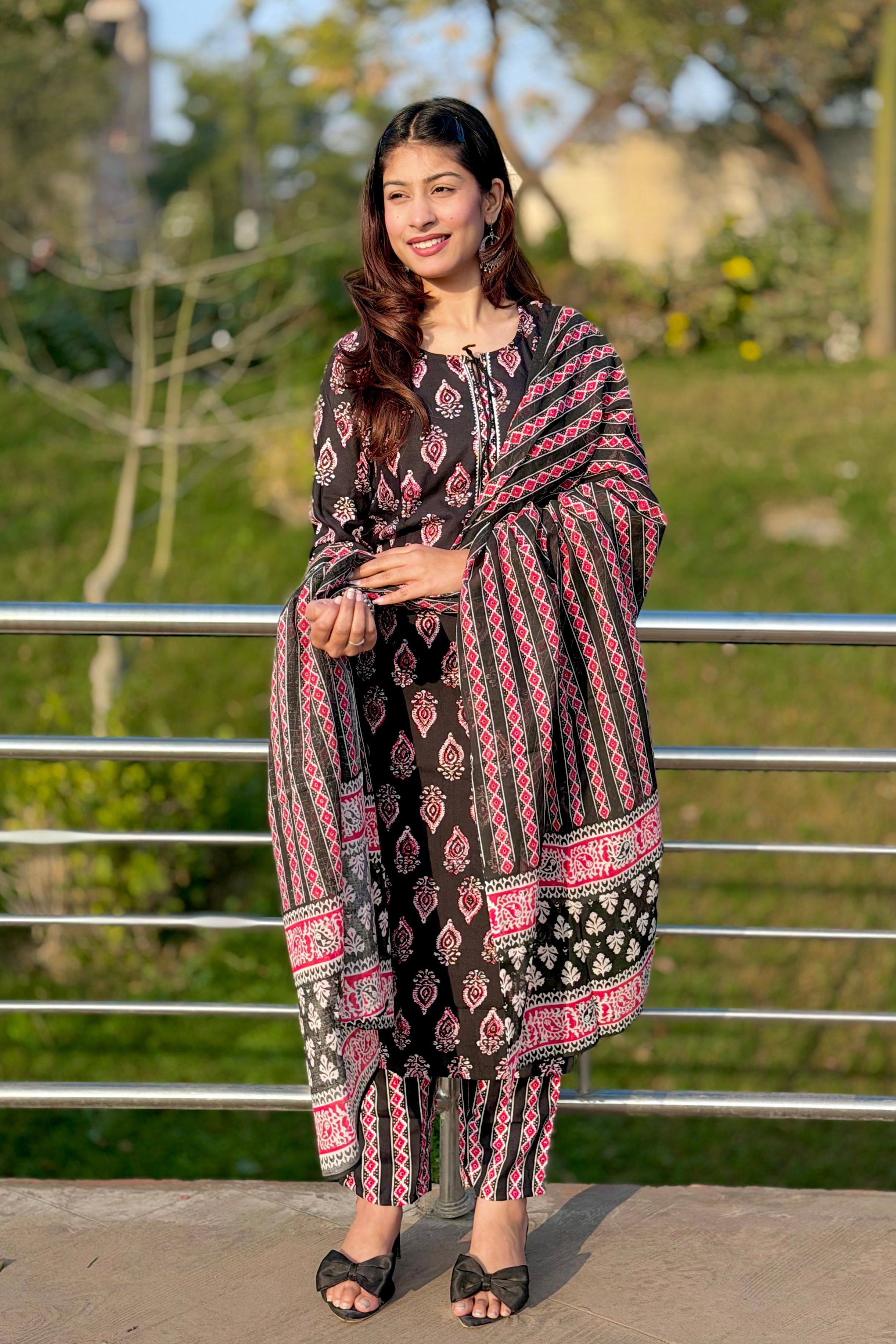 Black Ethnic Floral Cotton 3-Piece Suit