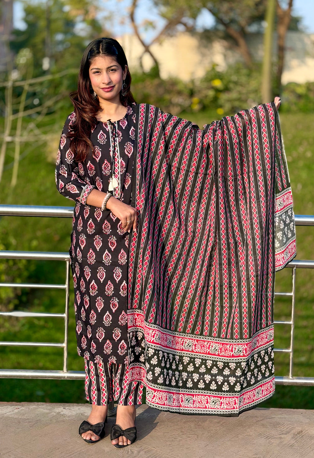 Black Ethnic Floral Cotton 3-Piece Suit