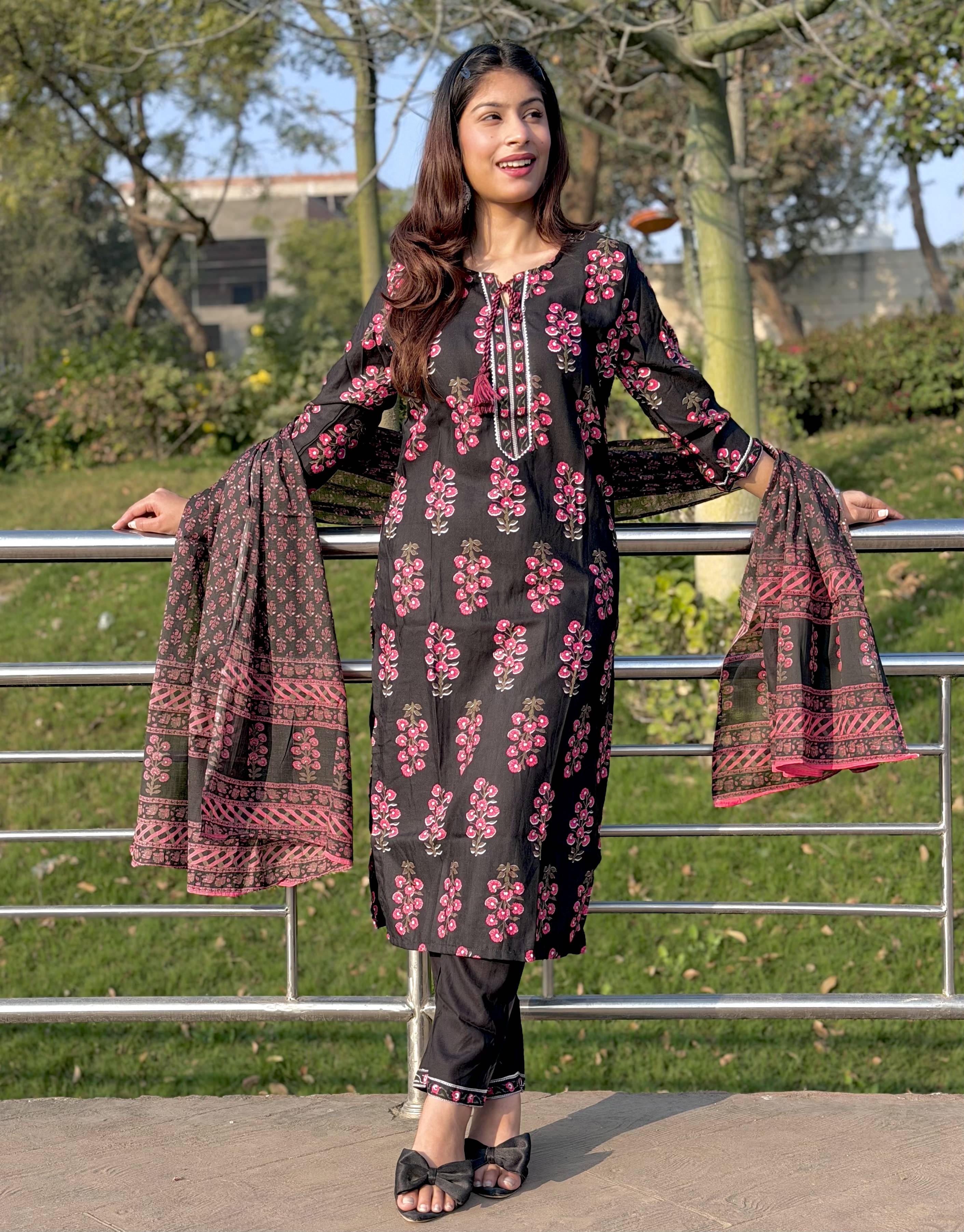 Stylish black printed cotton suit set with duppta
