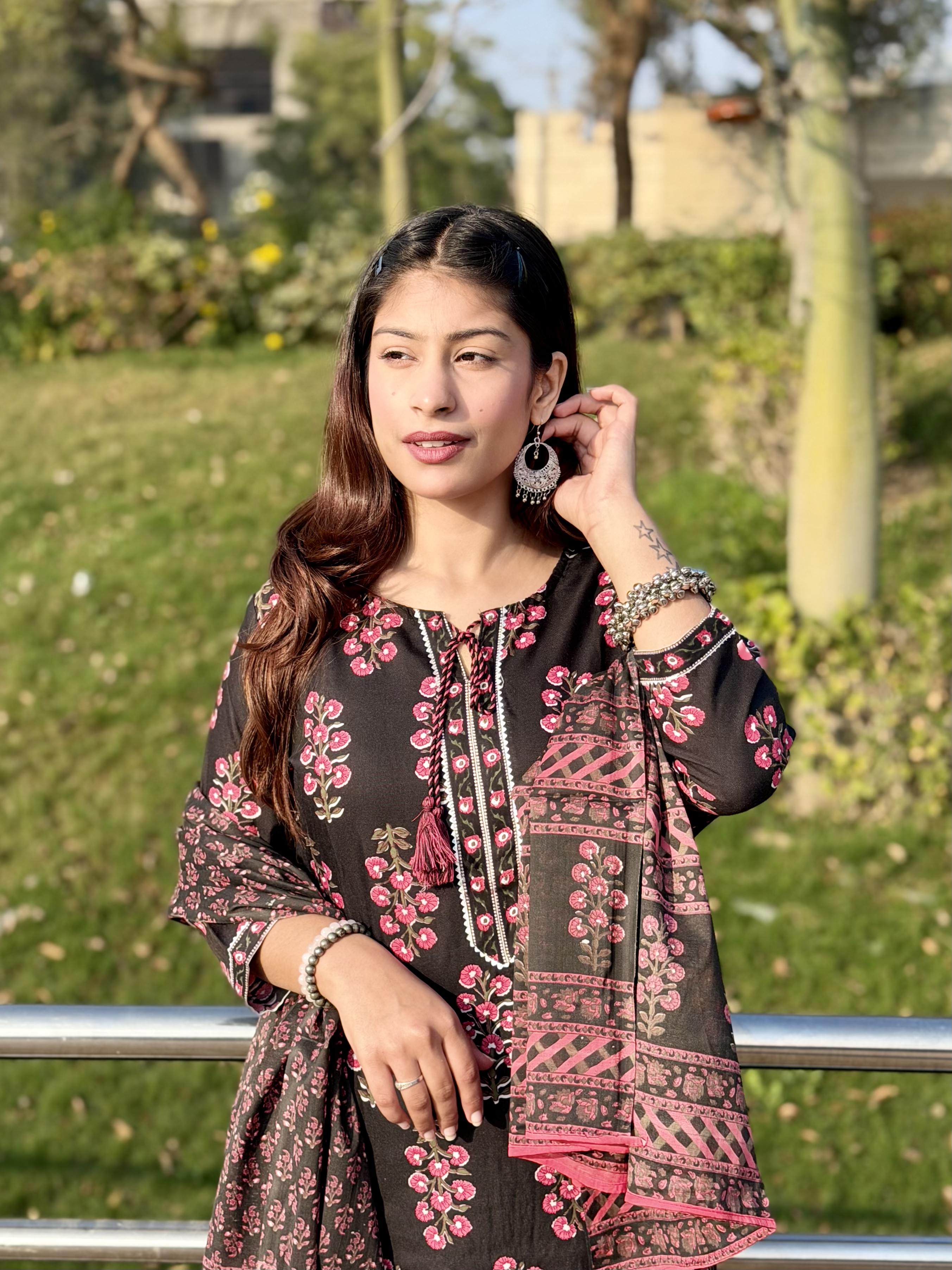 Stylish black printed cotton suit set with duppta