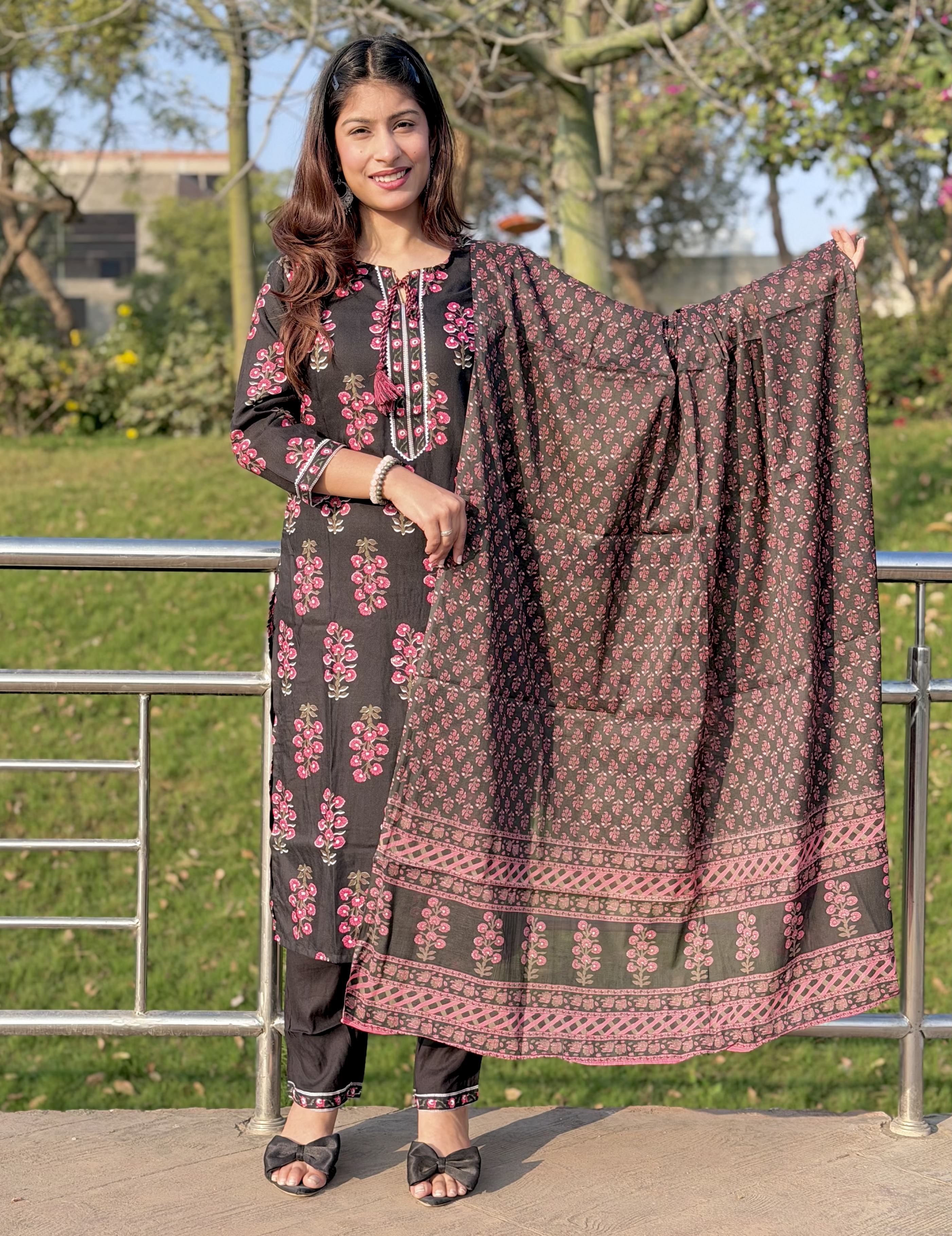 Stylish black printed cotton suit set with duppta