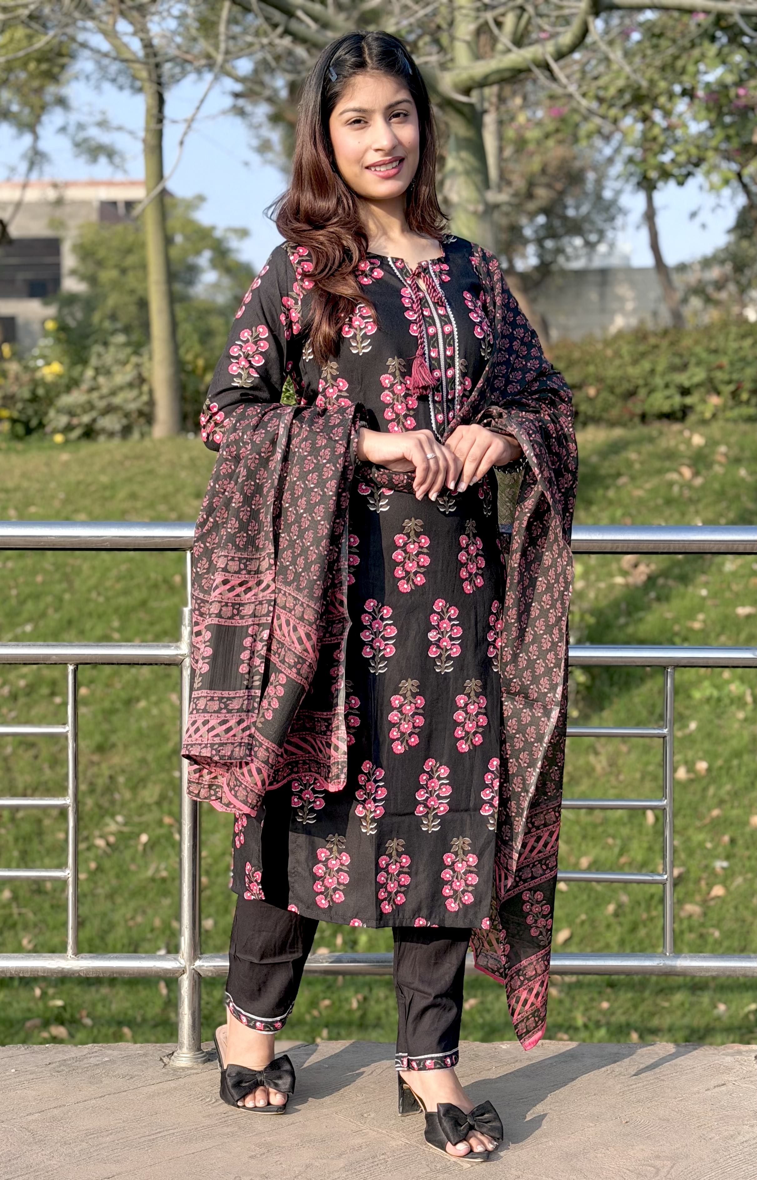 Stylish black printed cotton suit set with duppta