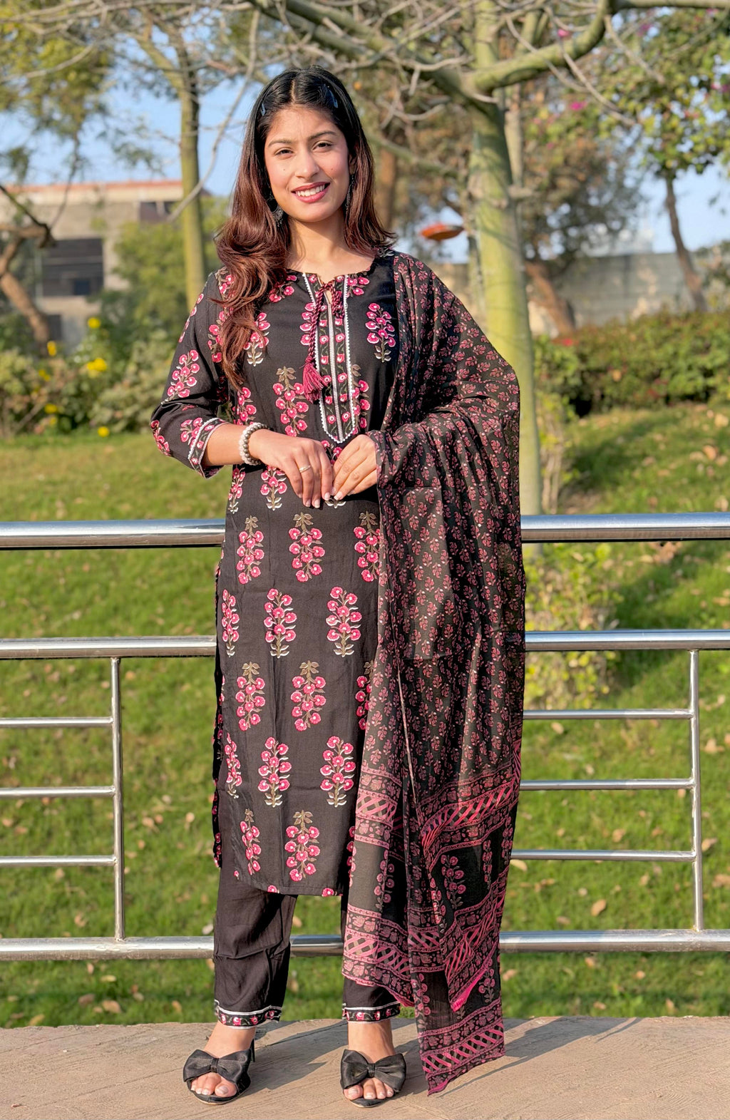 Stylish black printed cotton suit set with duppta