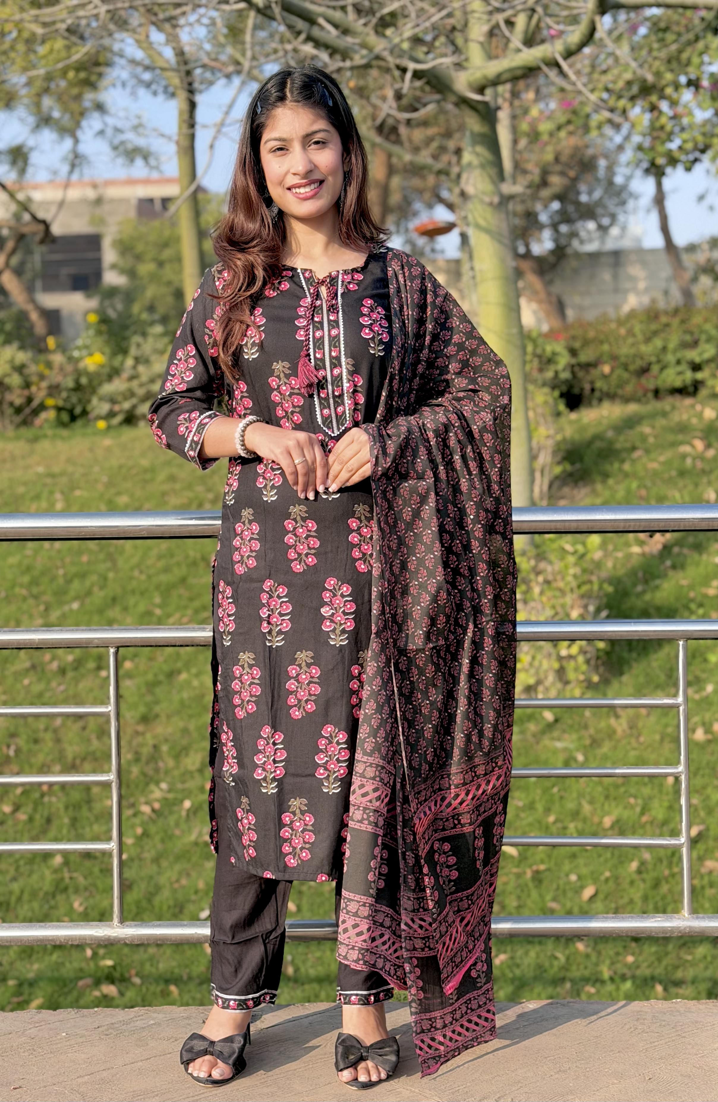 Stylish black printed cotton suit set with duppta
